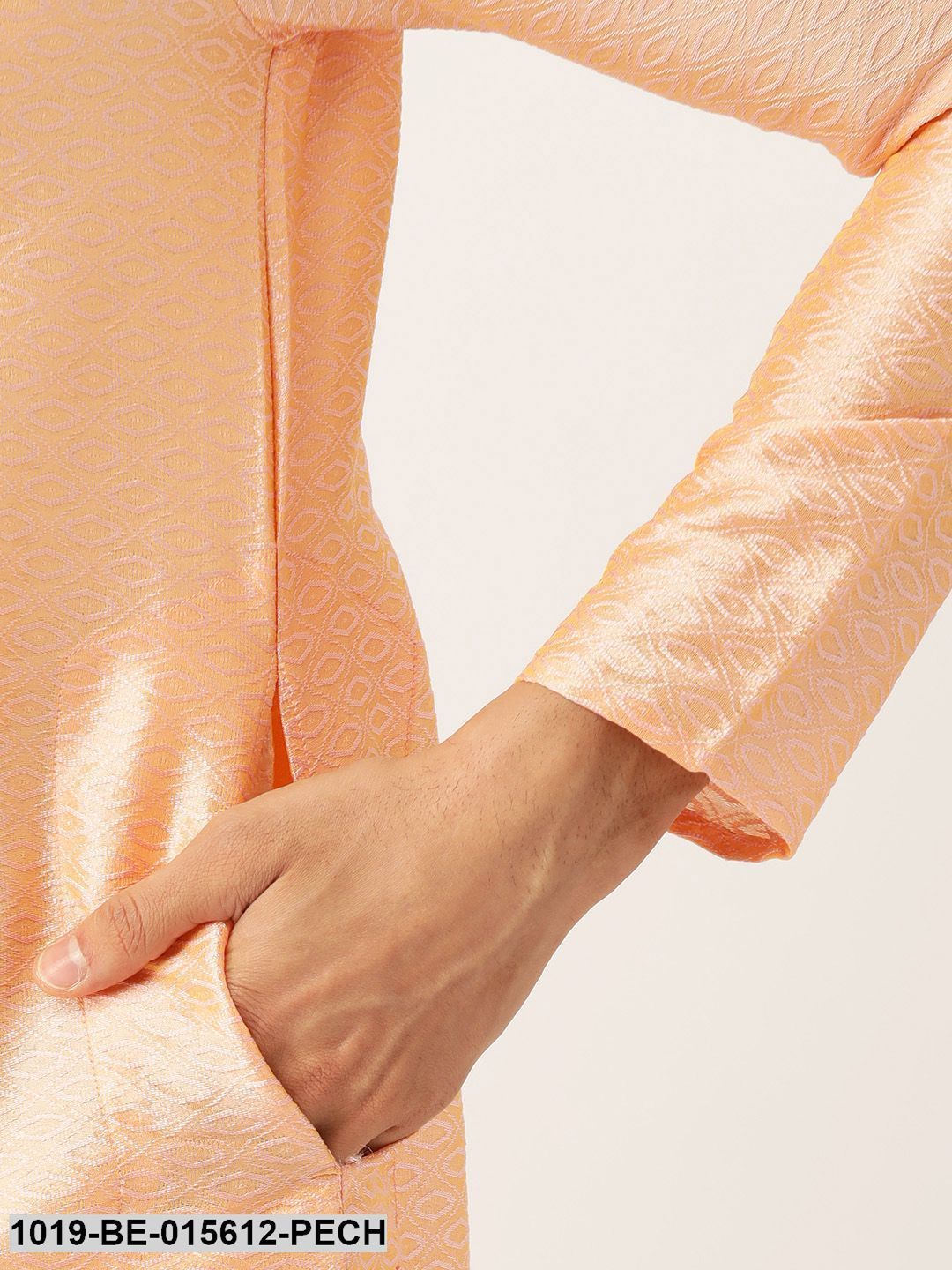 Men's Silk Blend Peach Self Design Only Kurta