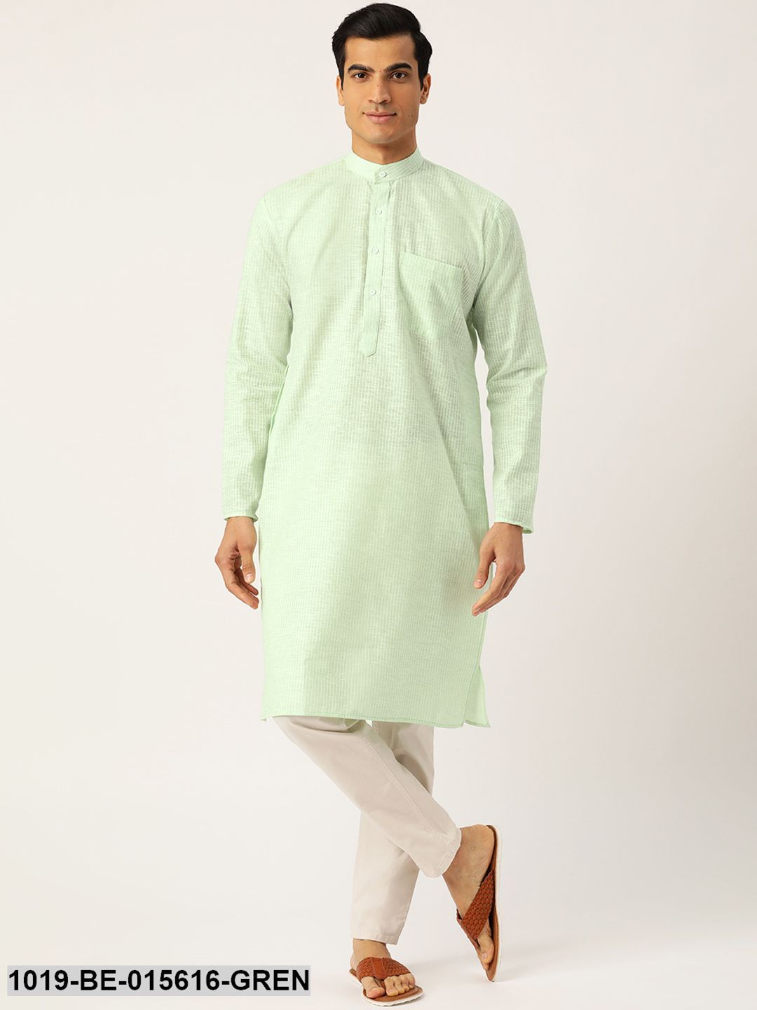 Men's Cotton Green & White Striped Only Kurta