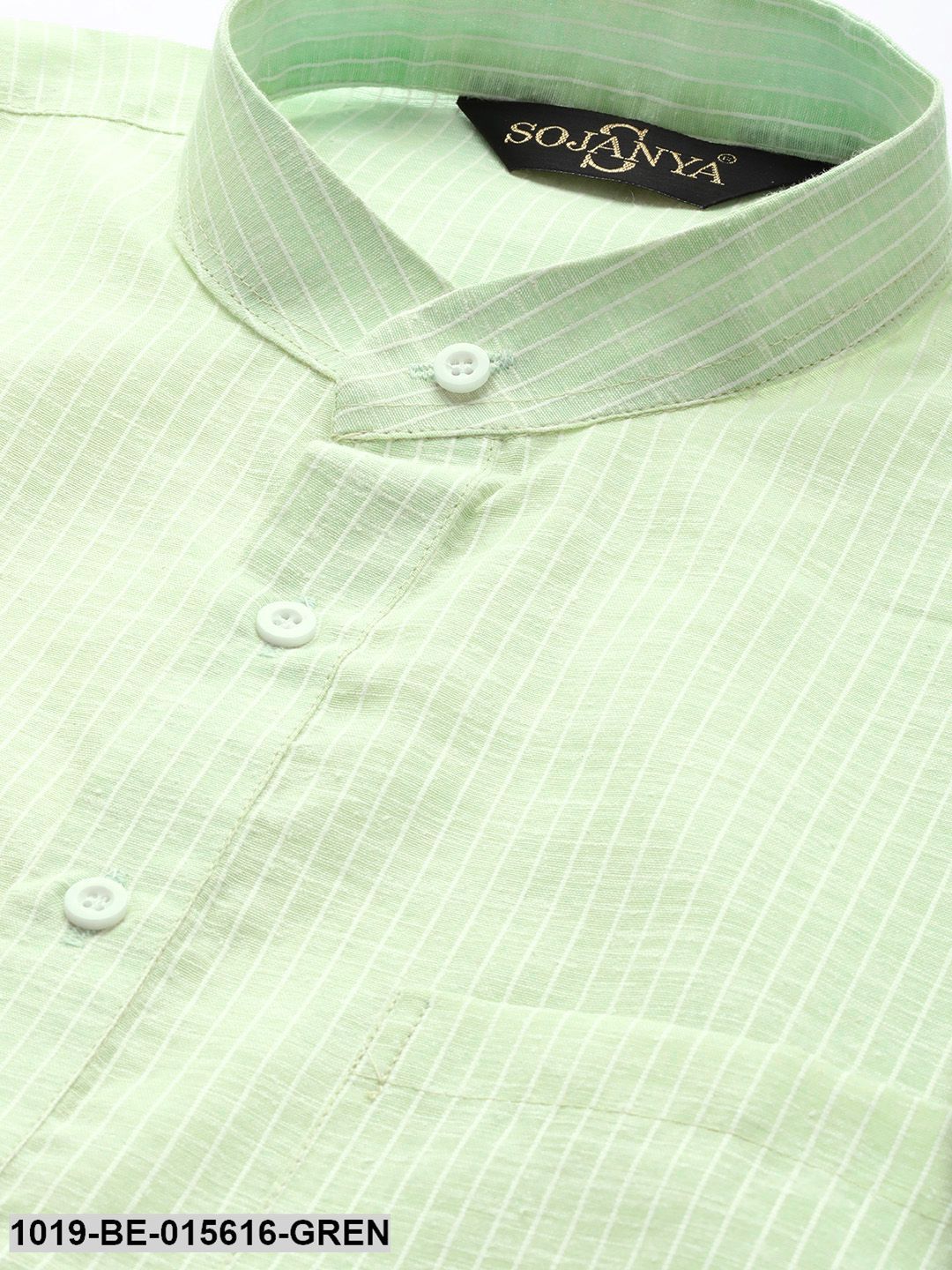 Men's Cotton Green & White Striped Only Kurta