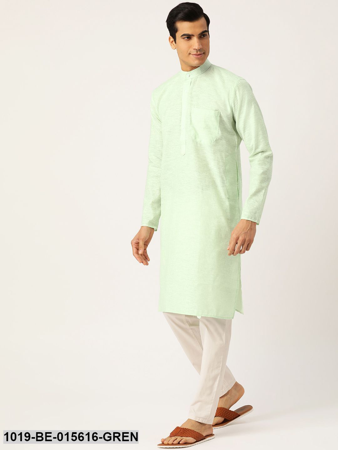 Men's Cotton Green & White Striped Only Kurta