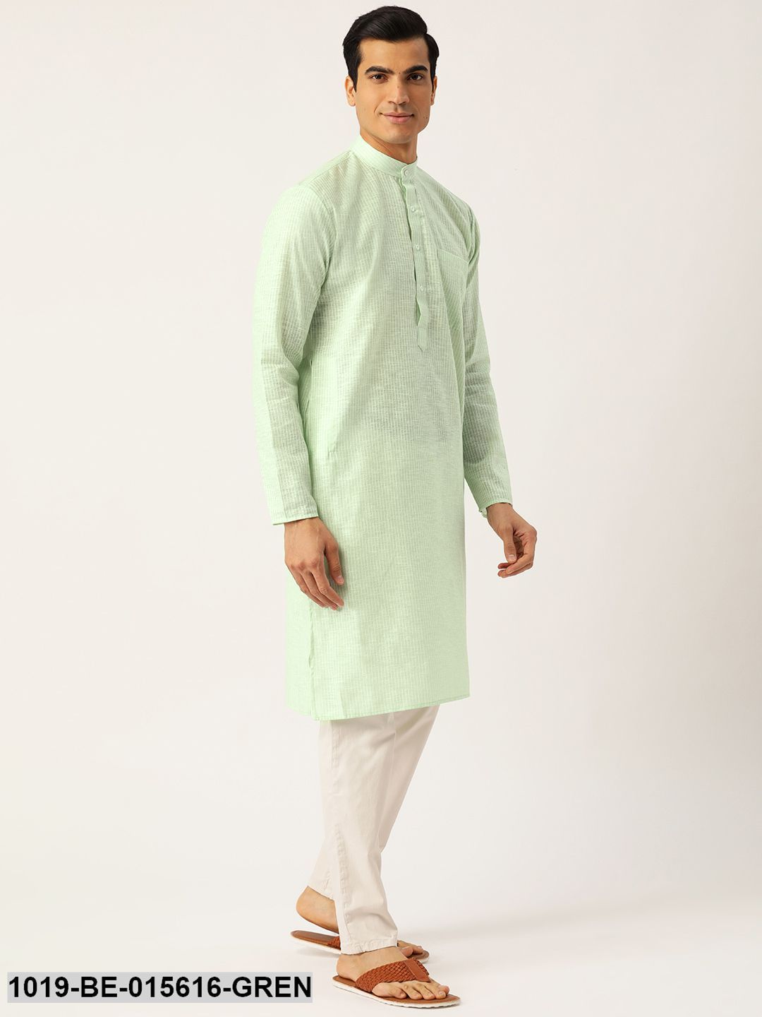 Men's Cotton Green & White Striped Only Kurta