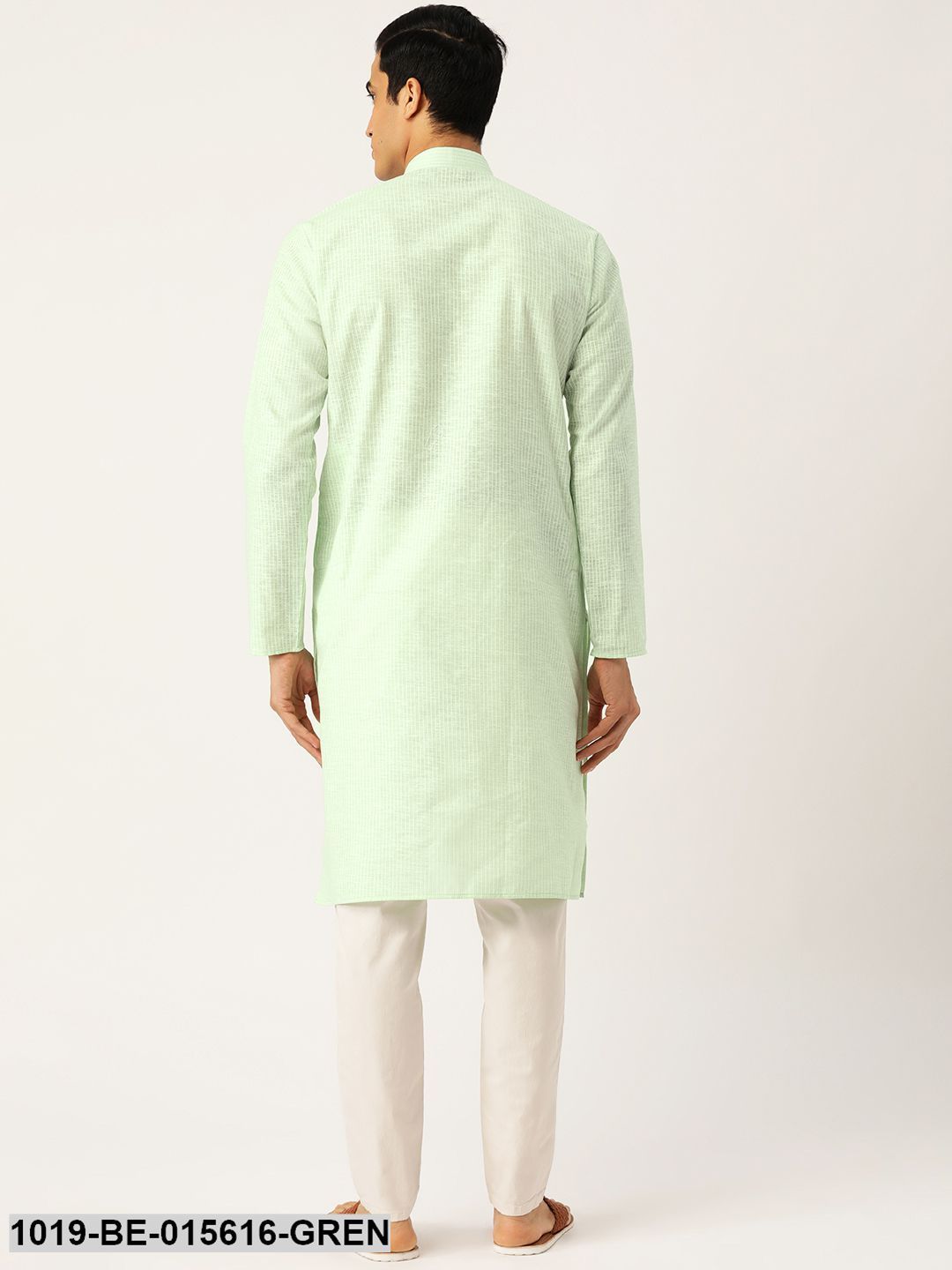 Men's Cotton Green & White Striped Only Kurta