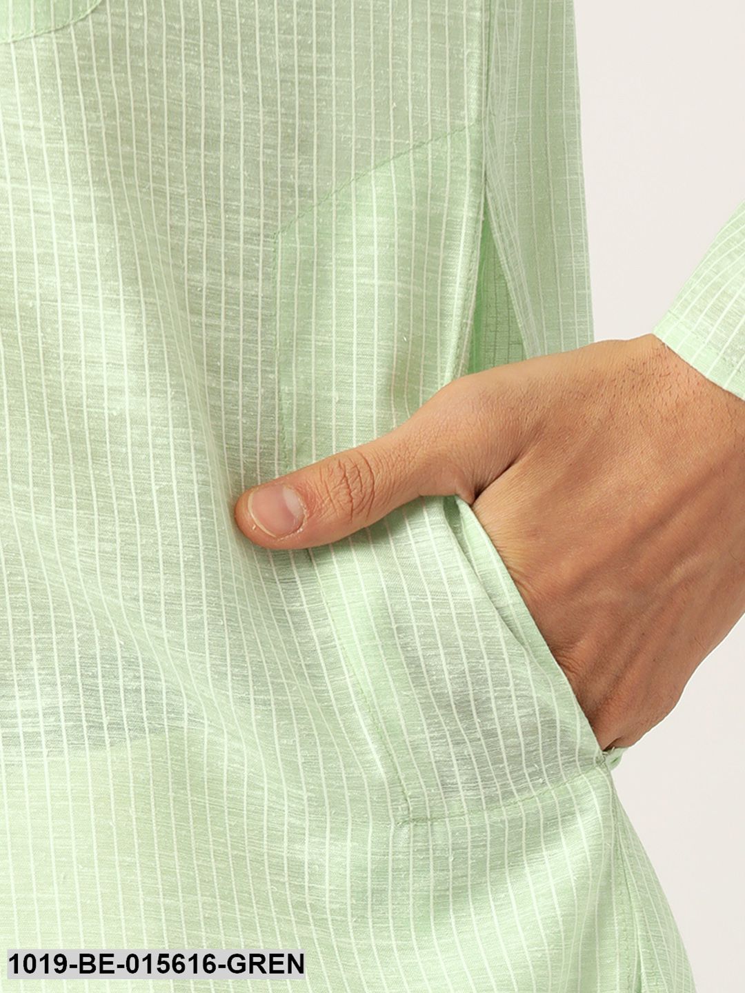 Men's Cotton Green & White Striped Only Kurta