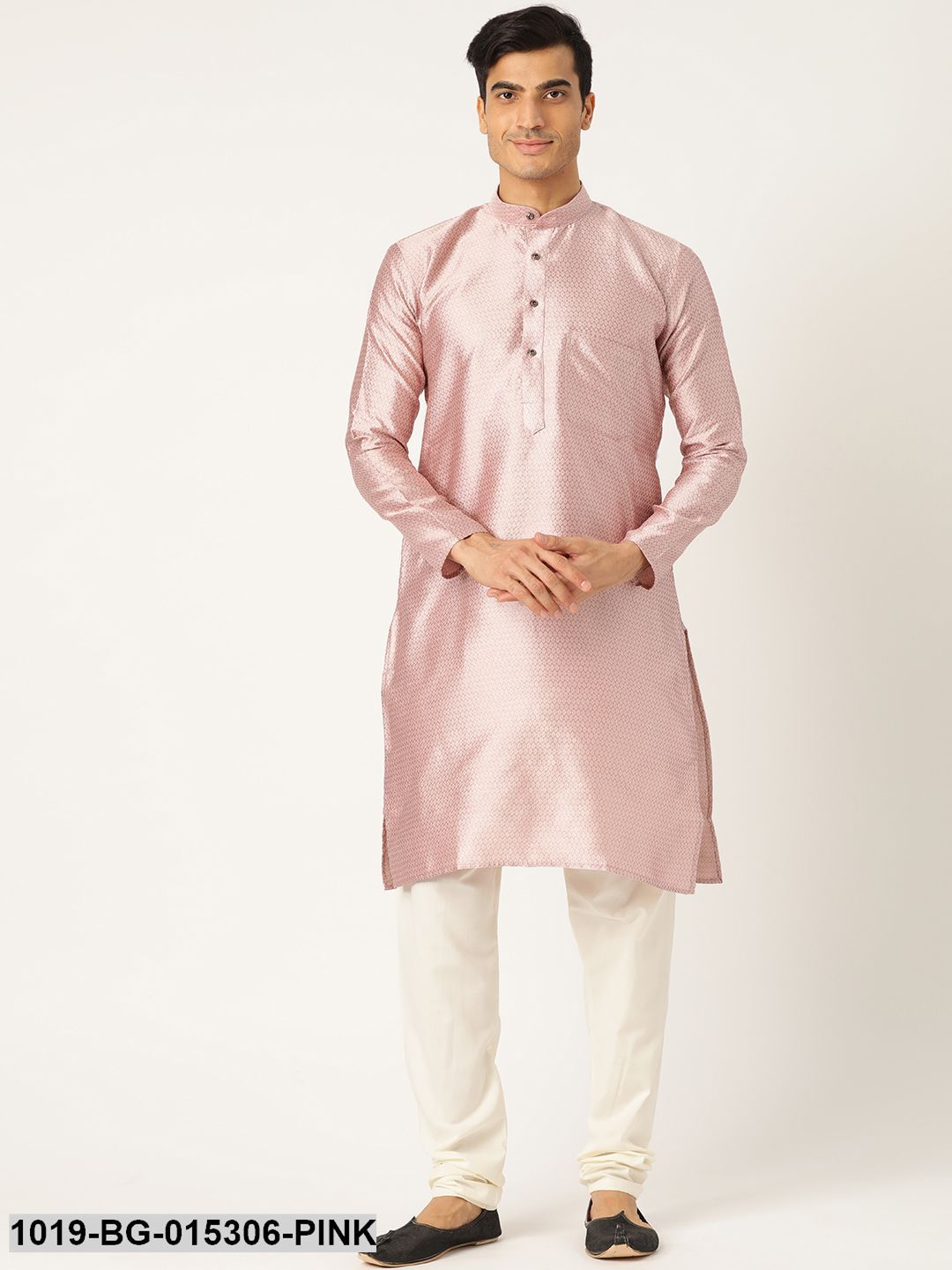 Men's Silk Blend Light Pink Solid Kurta & Off White Churidar Pyjama Set