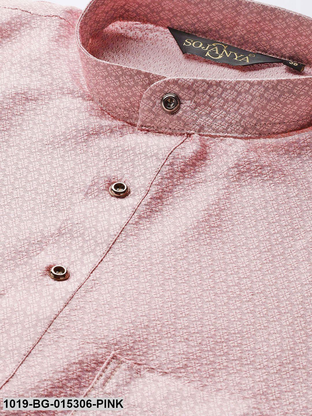 Men's Silk Blend Light Pink Solid Kurta & Off White Churidar Pyjama Set