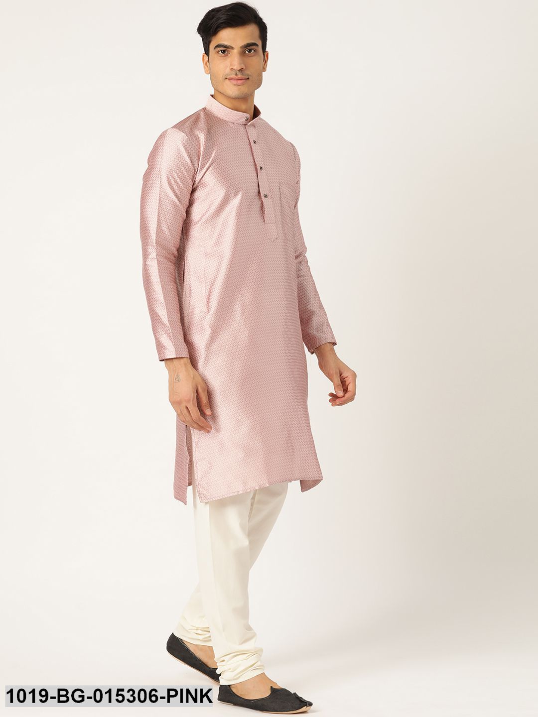 Men's Silk Blend Light Pink Solid Kurta & Off White Churidar Pyjama Set