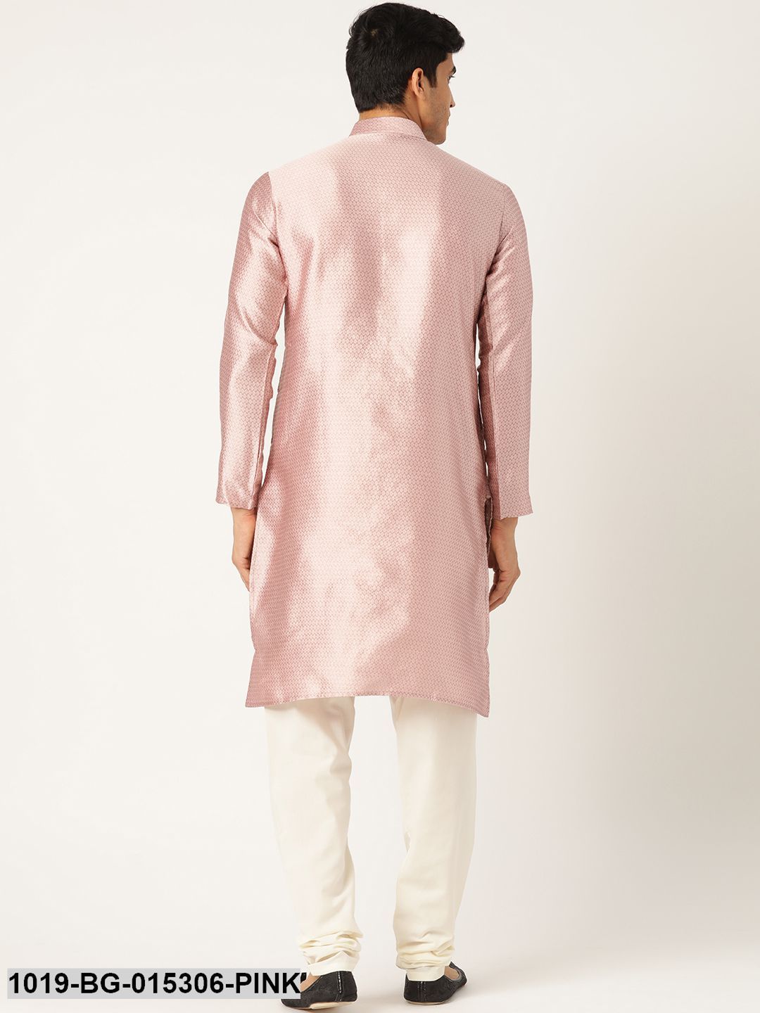 Men's Silk Blend Light Pink Solid Kurta & Off White Churidar Pyjama Set