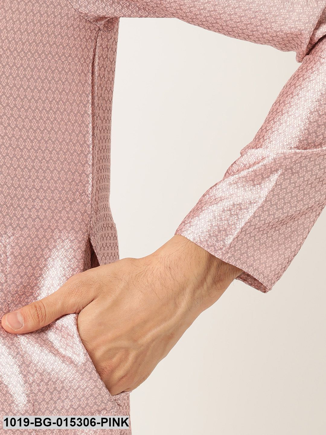Men's Silk Blend Light Pink Solid Kurta & Off White Churidar Pyjama Set