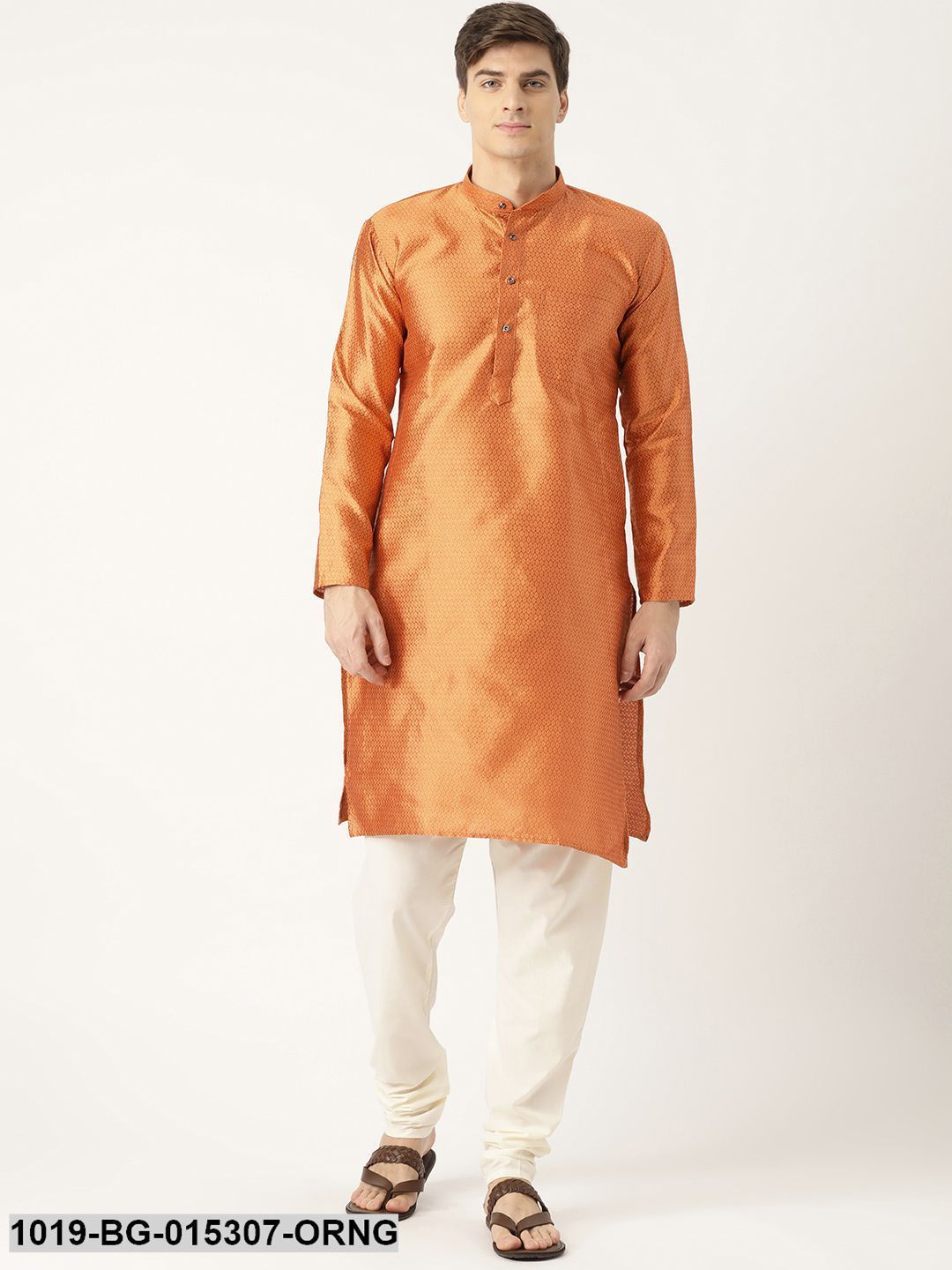 Men's Silk Blend Orange Solid Kurta & Off White Churidar Pyjama Set