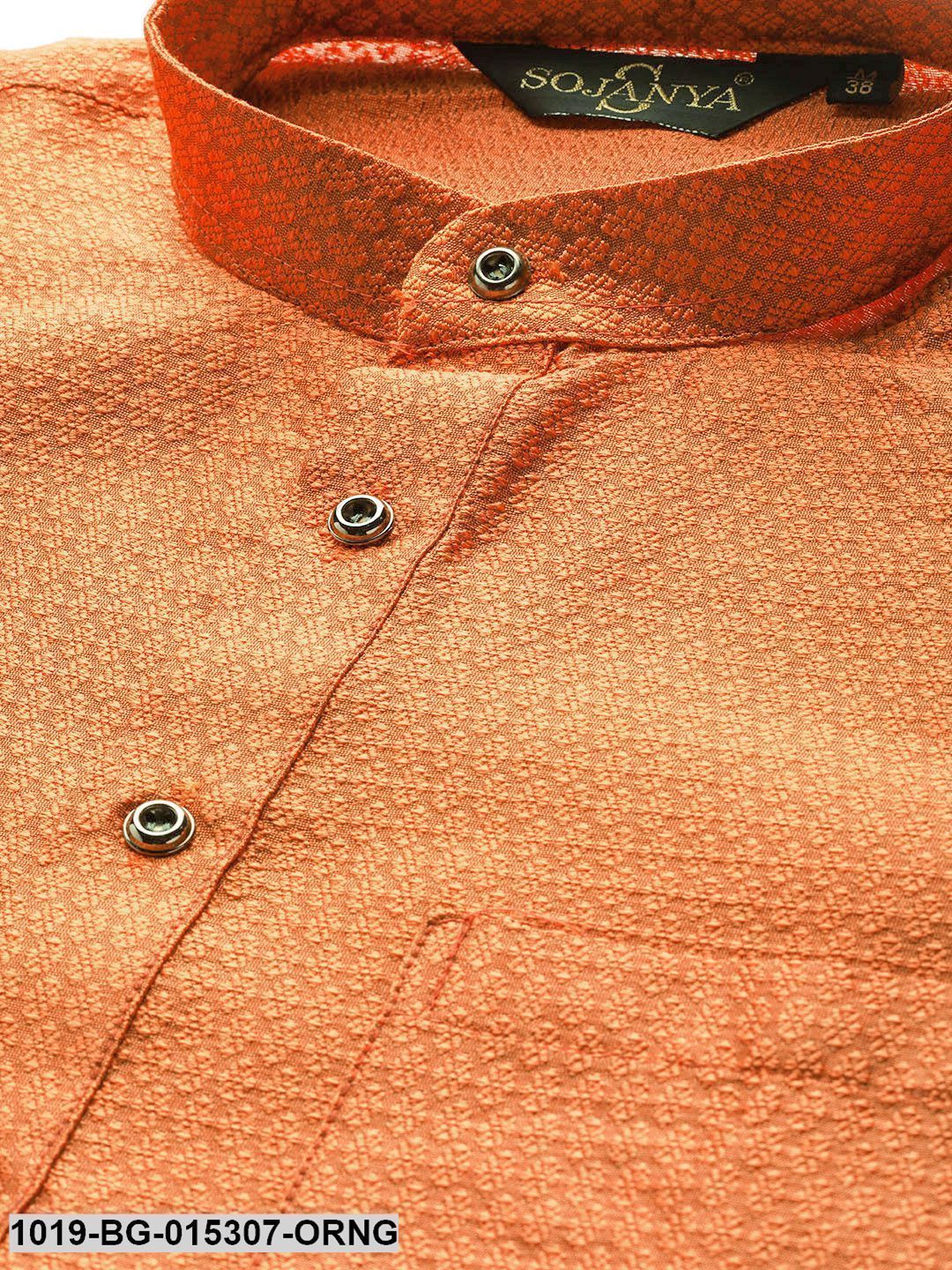 Men's Silk Blend Orange Solid Kurta & Off White Churidar Pyjama Set