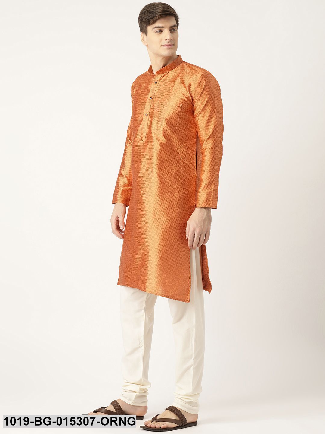 Men's Silk Blend Orange Solid Kurta & Off White Churidar Pyjama Set