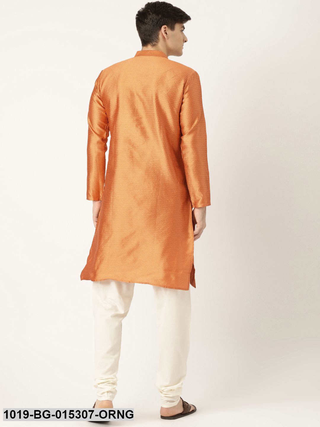 Men's Silk Blend Orange Solid Kurta & Off White Churidar Pyjama Set