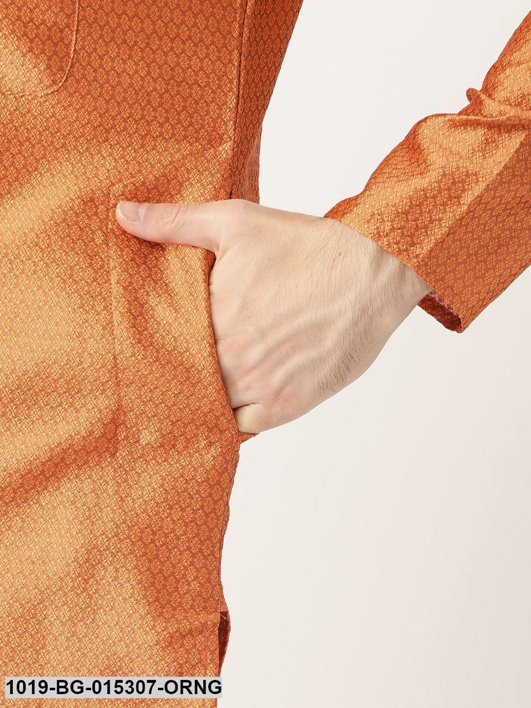 Men's Silk Blend Orange Solid Kurta & Off White Churidar Pyjama Set