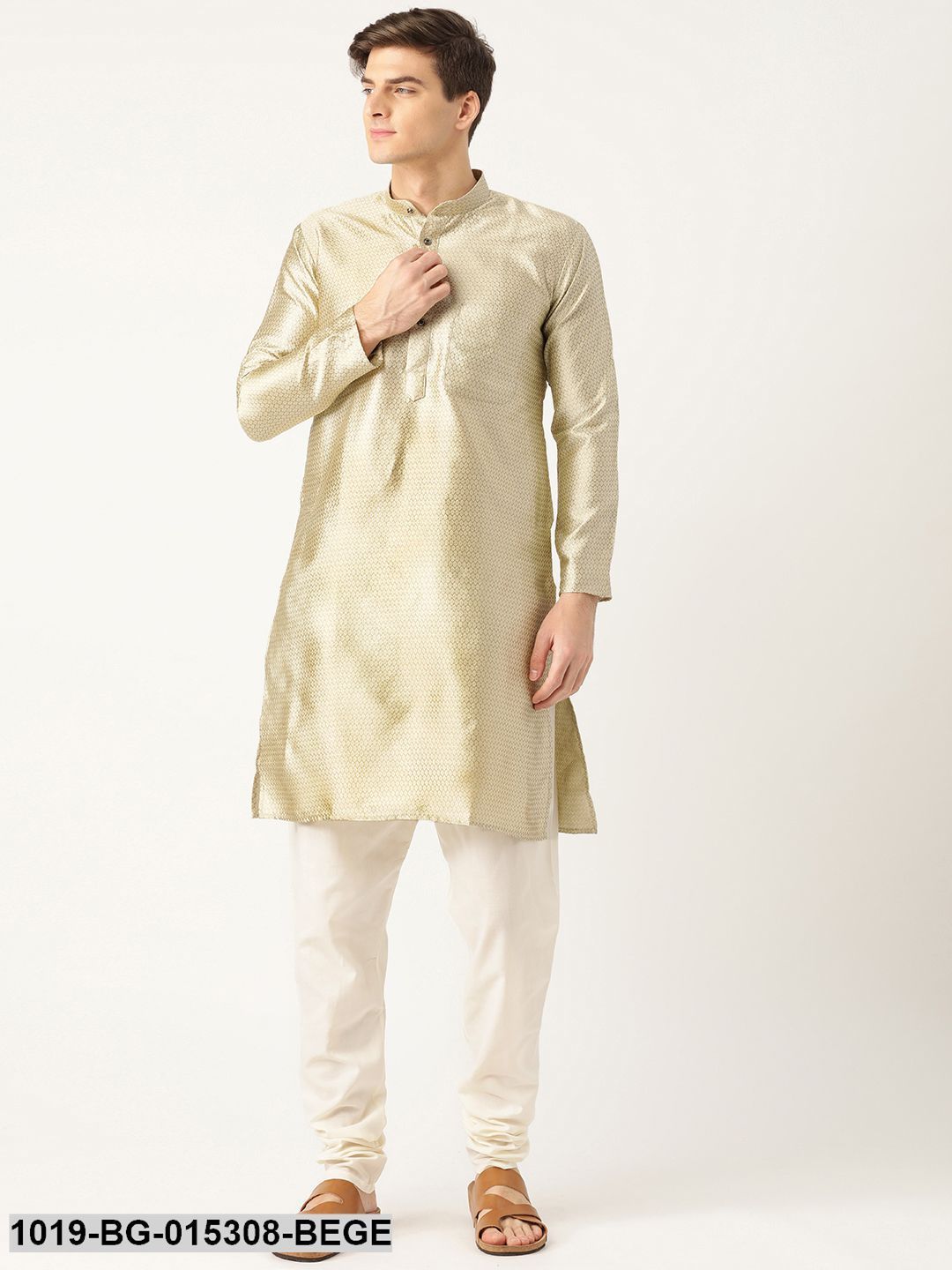 Men's Silk Blend Beige Solid Kurta & Off White Churidar Pyjama Set