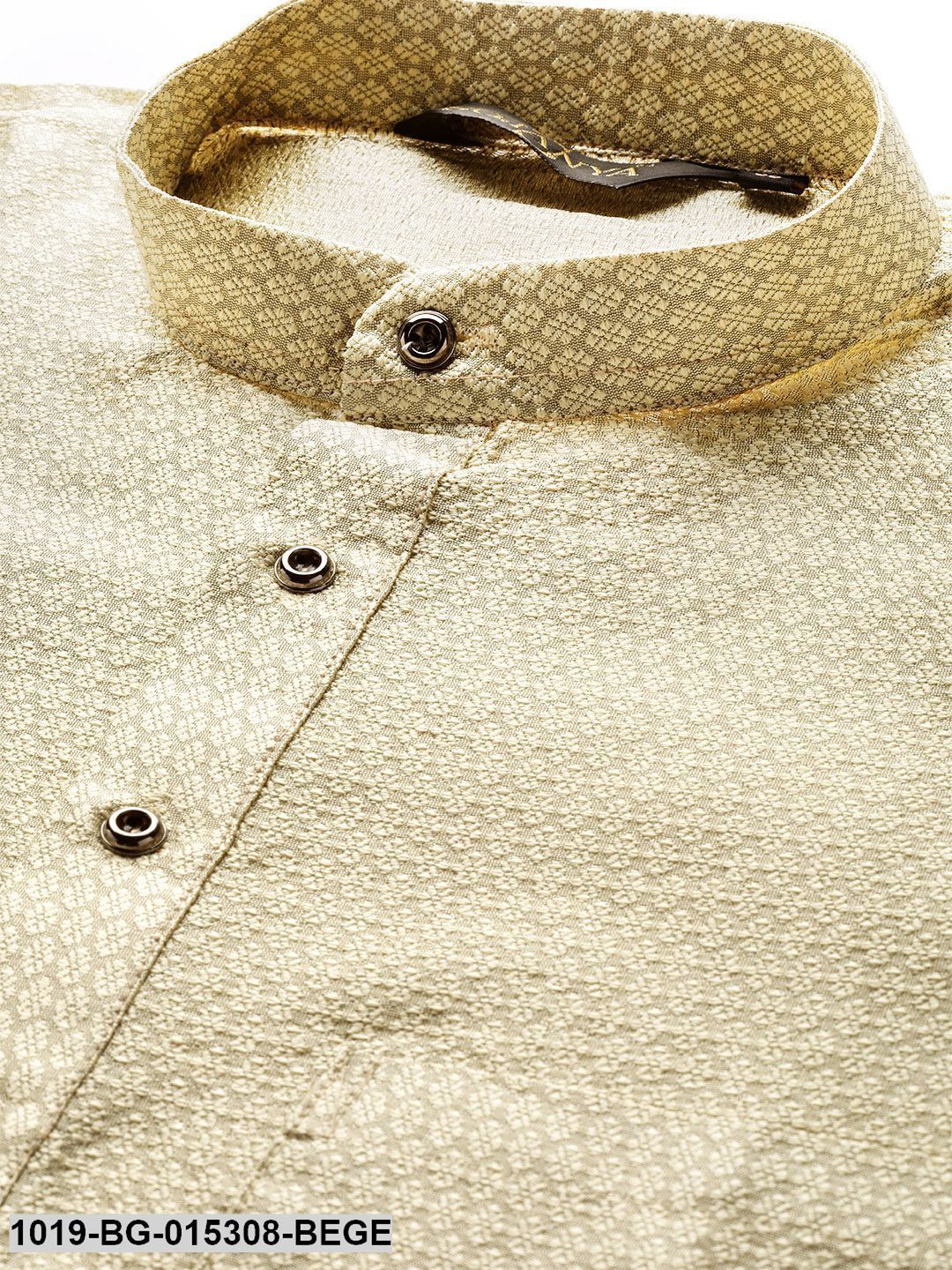 Men's Silk Blend Beige Solid Kurta & Off White Churidar Pyjama Set