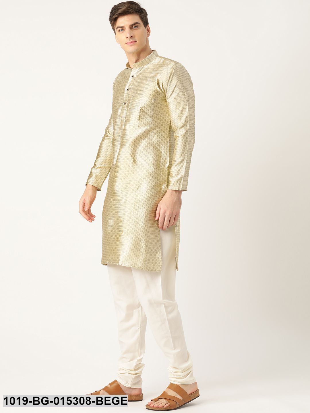 Men's Silk Blend Beige Solid Kurta & Off White Churidar Pyjama Set