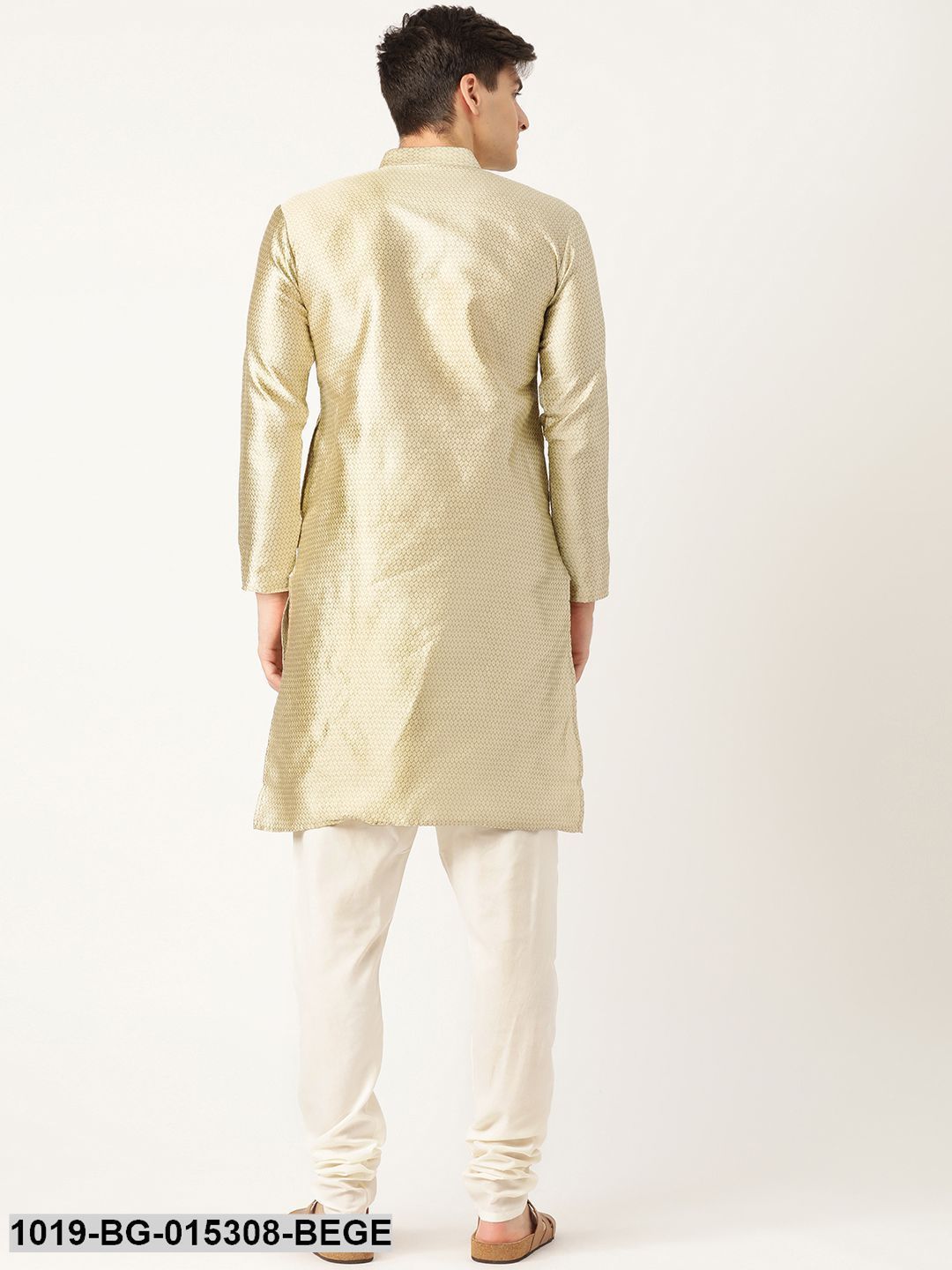 Men's Silk Blend Beige Solid Kurta & Off White Churidar Pyjama Set