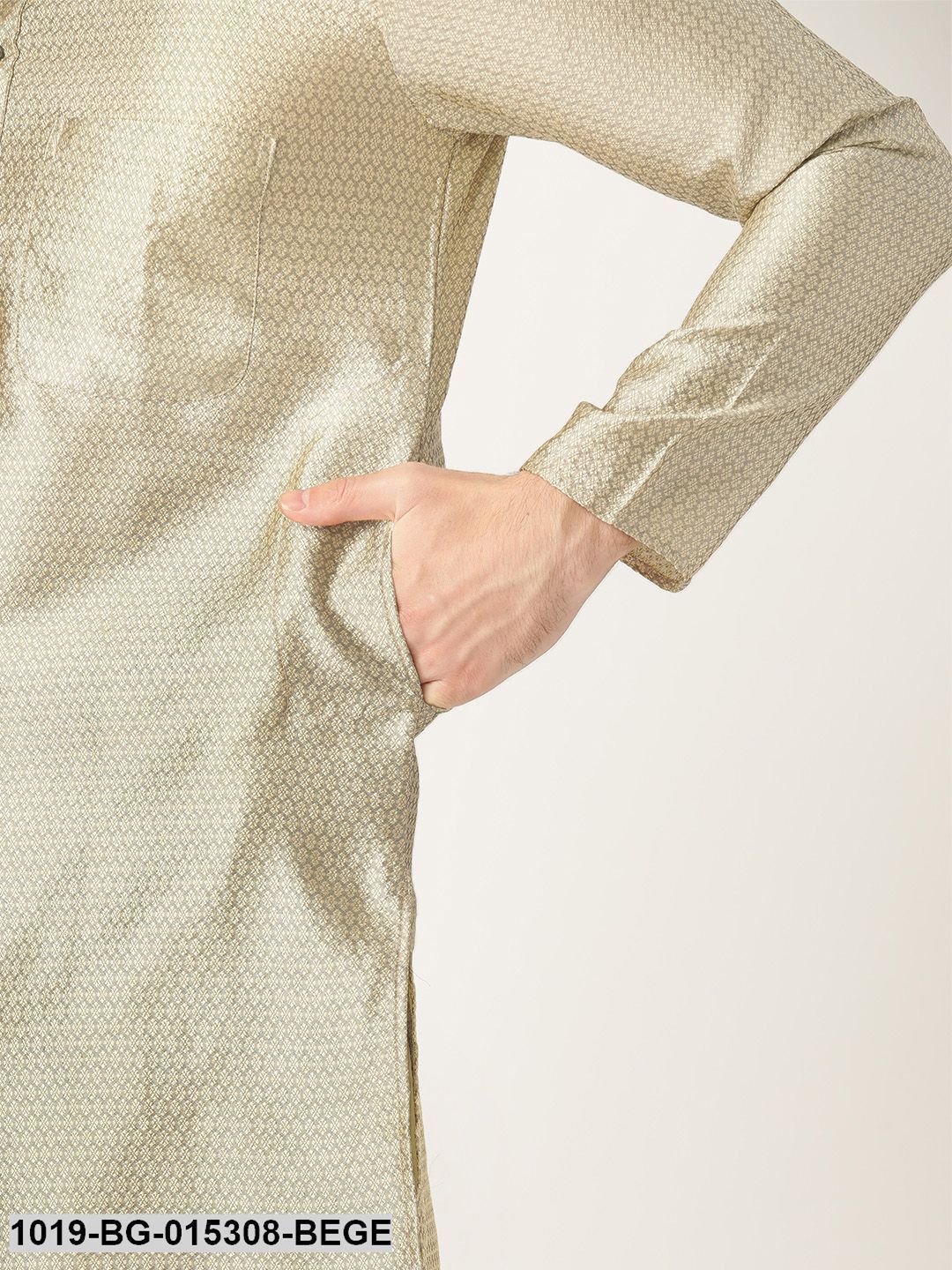 Men's Silk Blend Beige Solid Kurta & Off White Churidar Pyjama Set