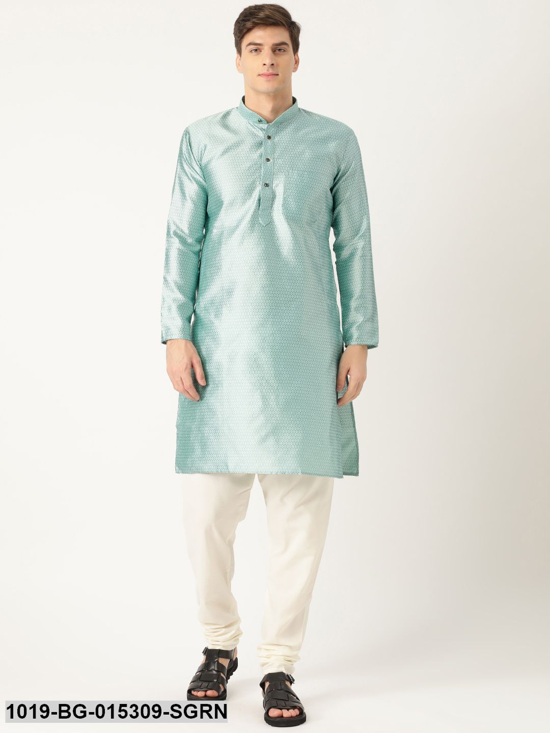 Men's Silk Blend Sea Green Solid Kurta & Off White Churidar Pyjama Set