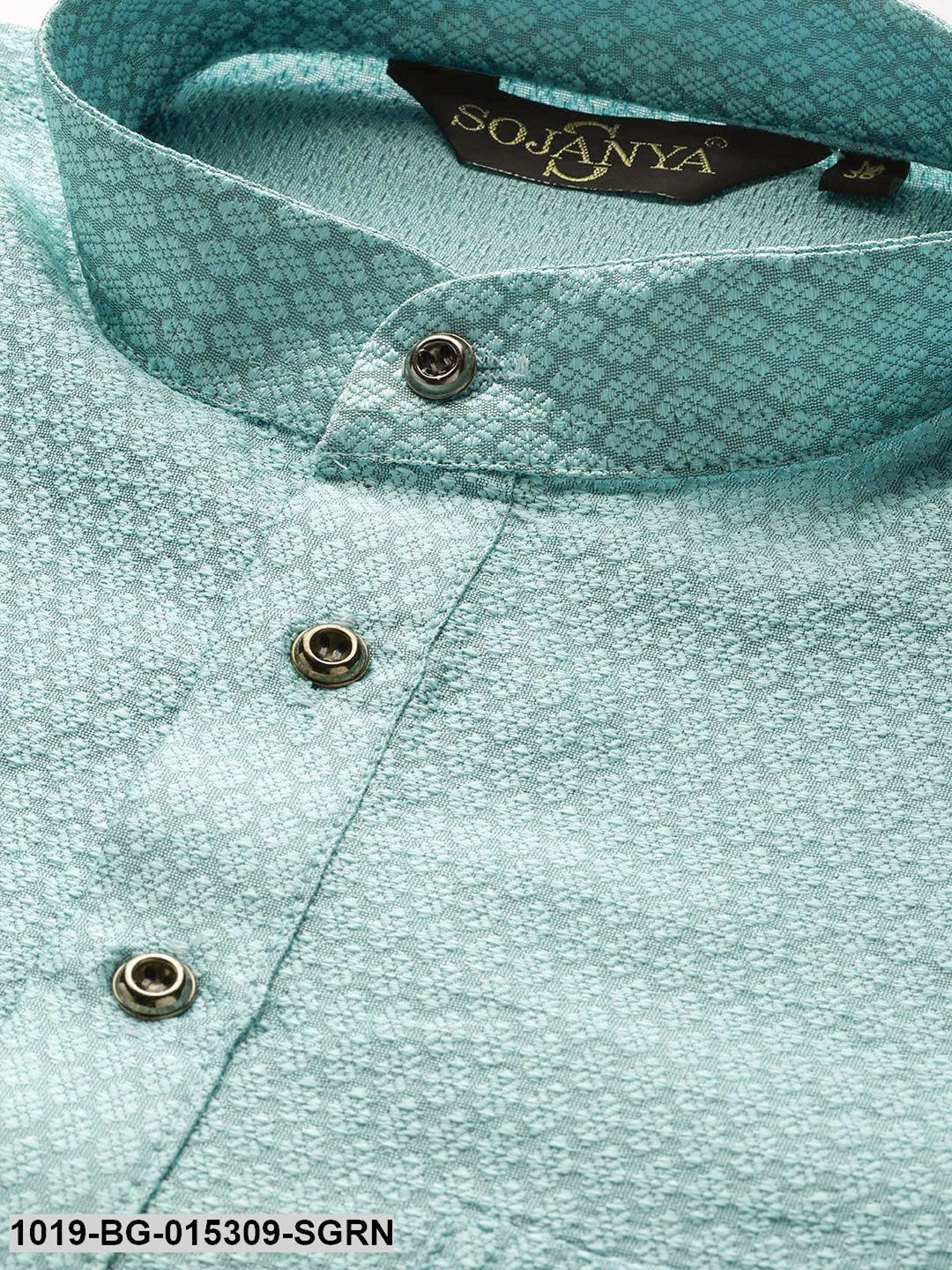 Men's Silk Blend Sea Green Solid Kurta & Off White Churidar Pyjama Set