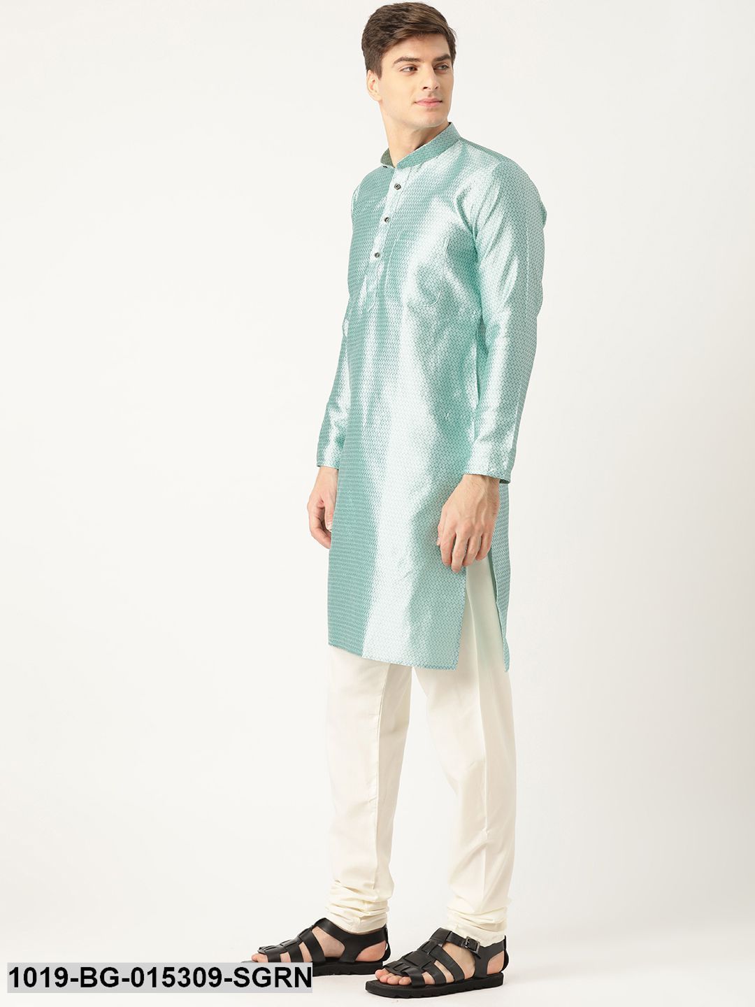 Men's Silk Blend Sea Green Solid Kurta & Off White Churidar Pyjama Set