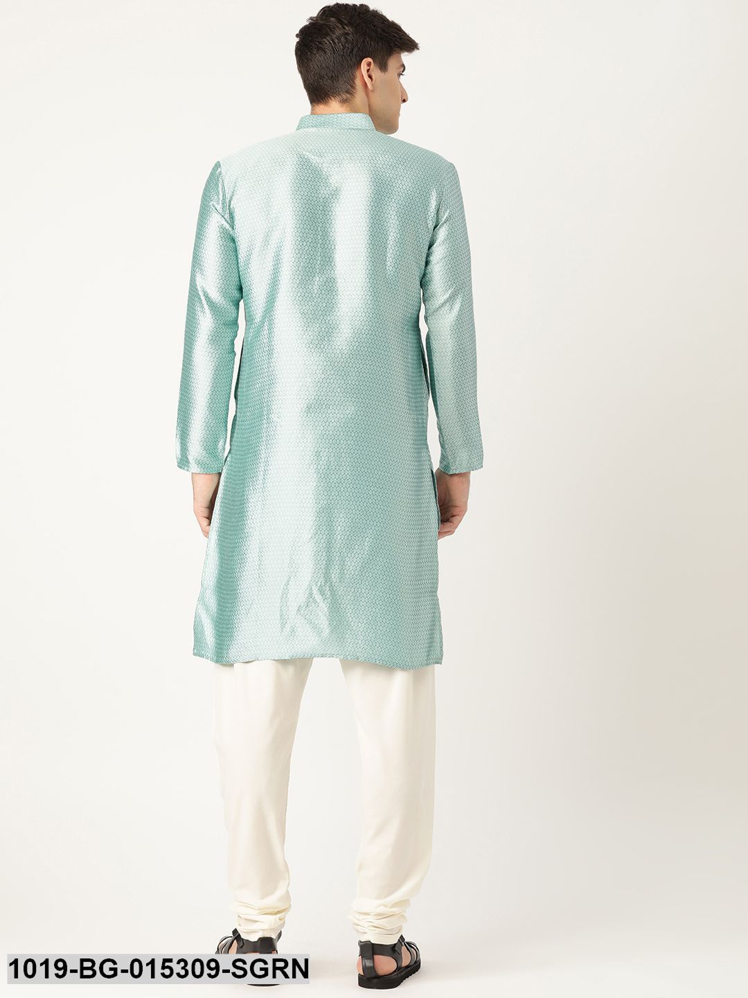 Men's Silk Blend Sea Green Solid Kurta & Off White Churidar Pyjama Set