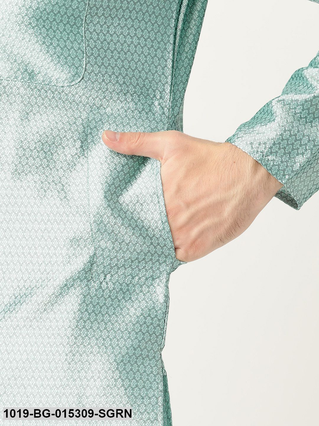 Men's Silk Blend Sea Green Solid Kurta & Off White Churidar Pyjama Set