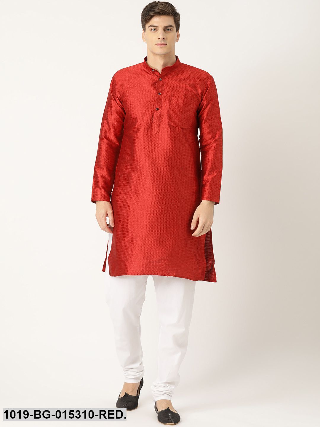 Men's Silk Blend Red Solid Kurta & Off White Churidar Pyjama Set
