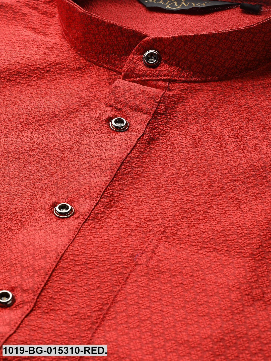 Men's Silk Blend Red Solid Kurta & Off White Churidar Pyjama Set