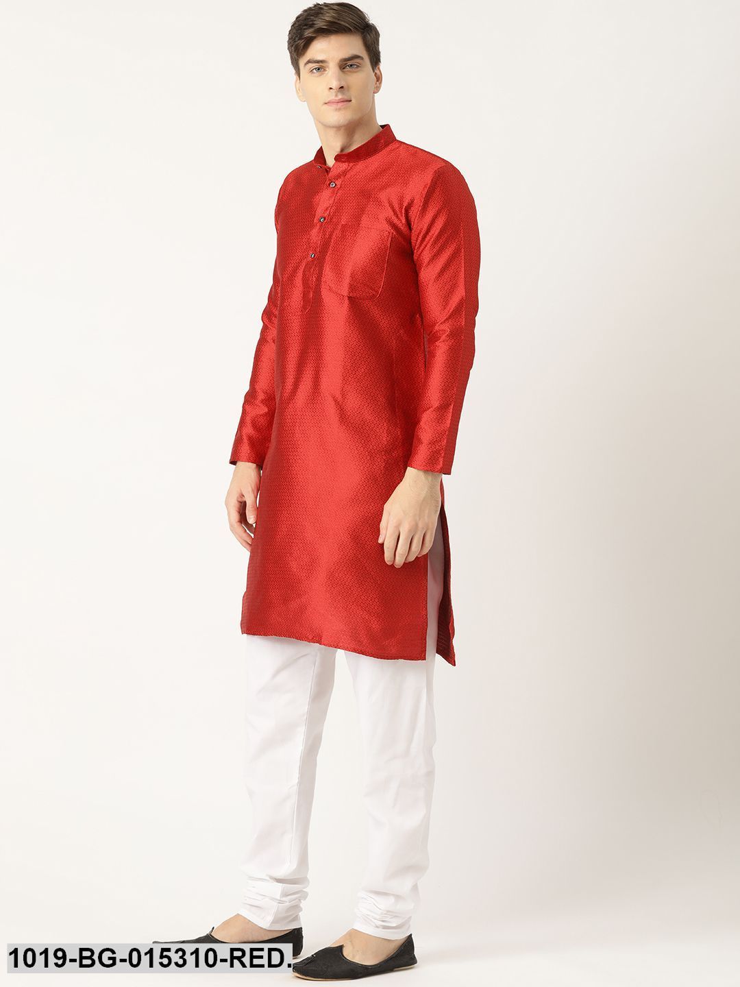 Men's Silk Blend Red Solid Kurta & Off White Churidar Pyjama Set