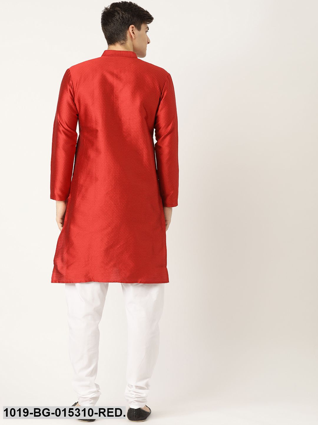 Men's Silk Blend Red Solid Kurta & Off White Churidar Pyjama Set