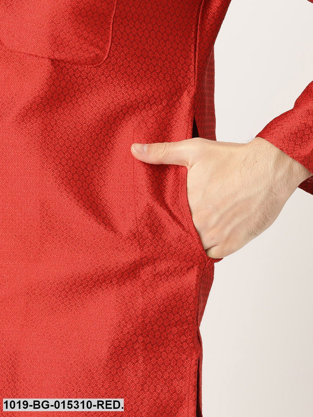 Men's Silk Blend Red Solid Kurta & Off White Churidar Pyjama Set