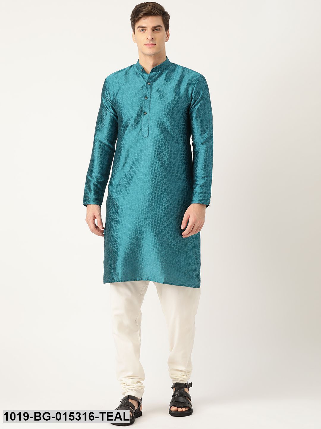 Men's Silk Blend Peacock Blue Solid Kurta & Off-white Churidar Pyjama Set