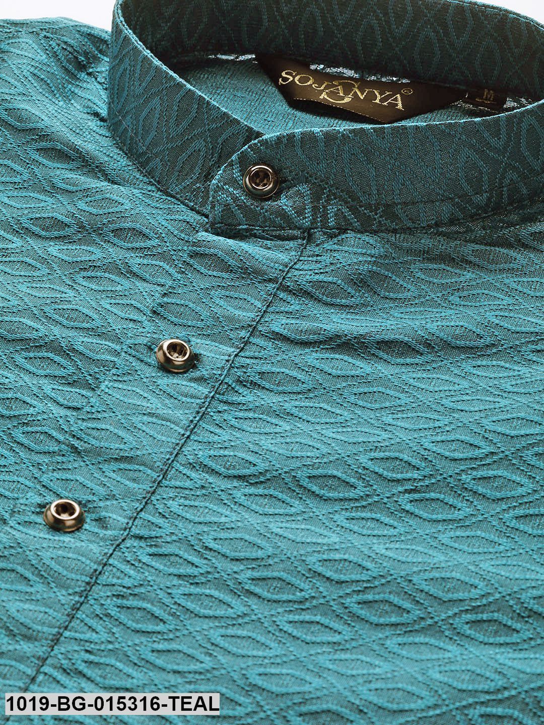Men's Silk Blend Peacock Blue Solid Kurta & Off-white Churidar Pyjama Set