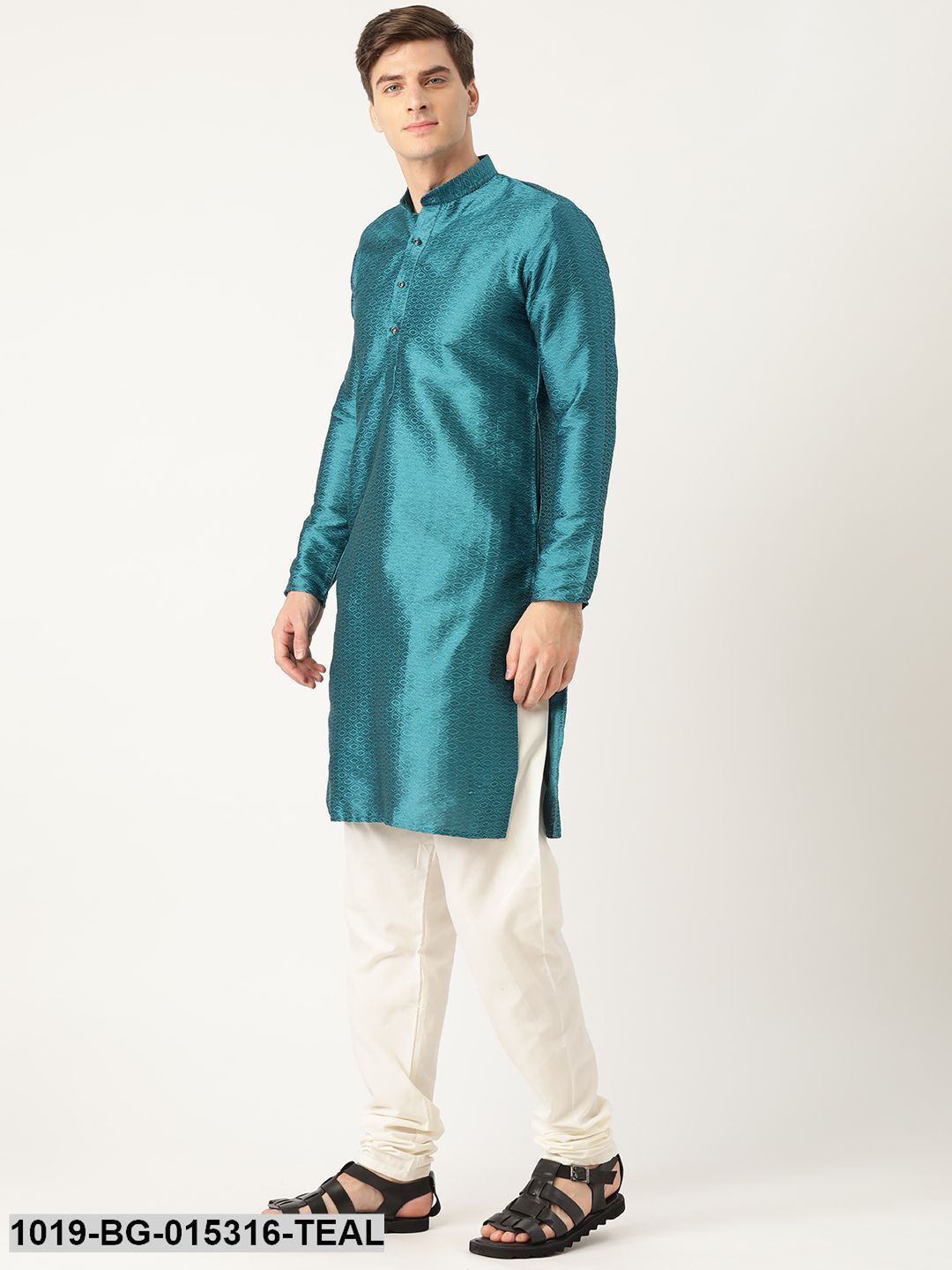 Men's Silk Blend Peacock Blue Solid Kurta & Off-white Churidar Pyjama Set
