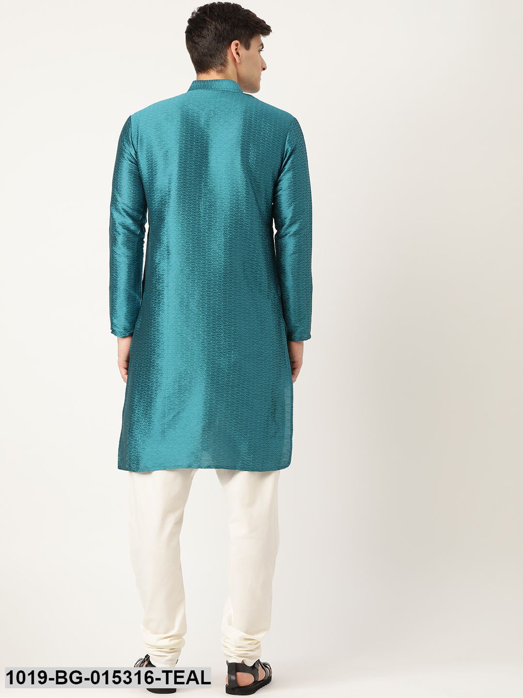 Men's Silk Blend Peacock Blue Solid Kurta & Off-white Churidar Pyjama Set