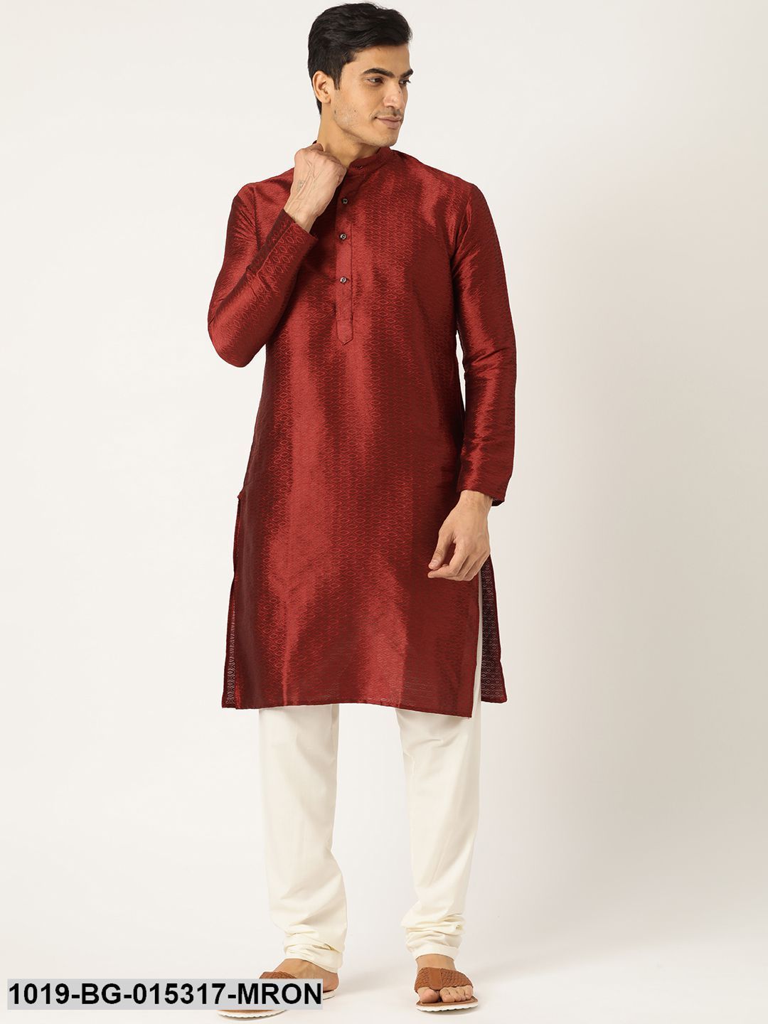 Men's Silk Blend Maroon Solid Kurta & Off-white Churidar Pyjama Set