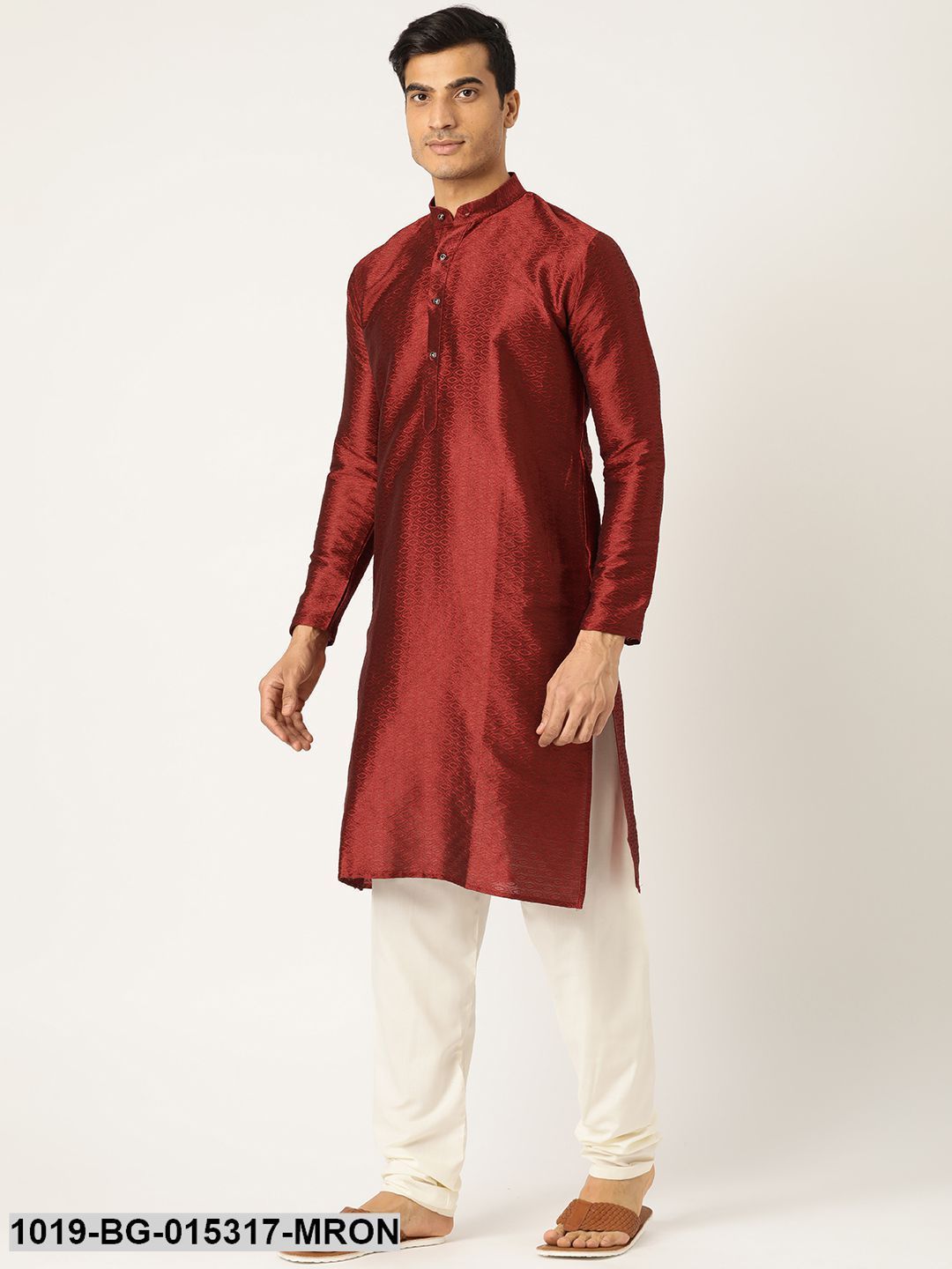 Men's Silk Blend Maroon Solid Kurta & Off-white Churidar Pyjama Set