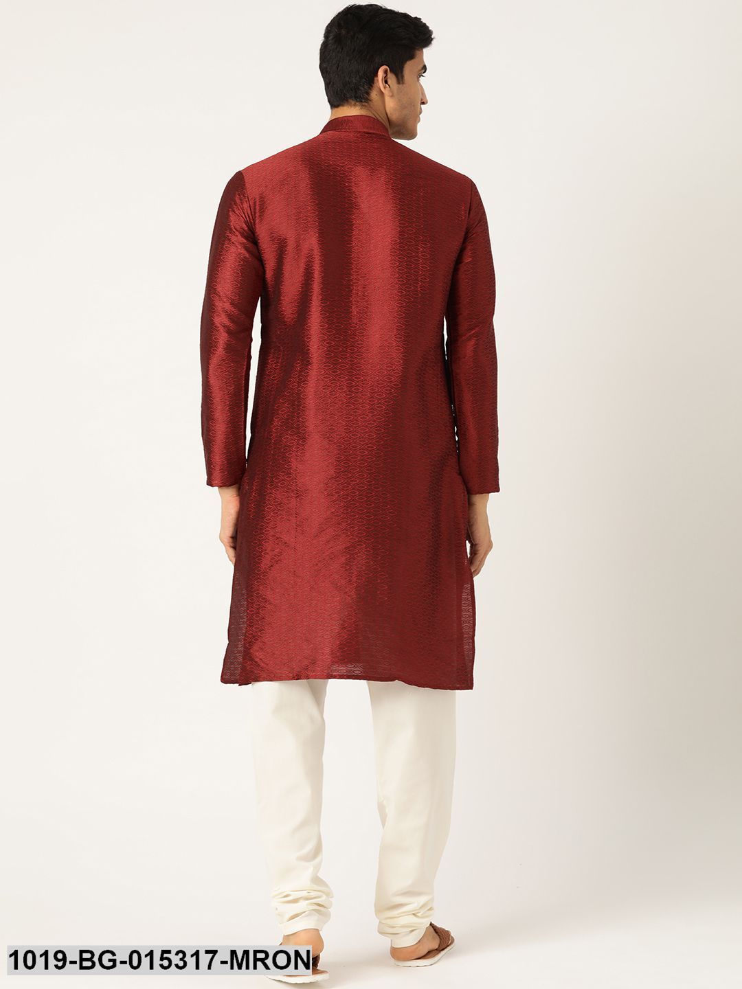 Men's Silk Blend Maroon Solid Kurta & Off-white Churidar Pyjama Set