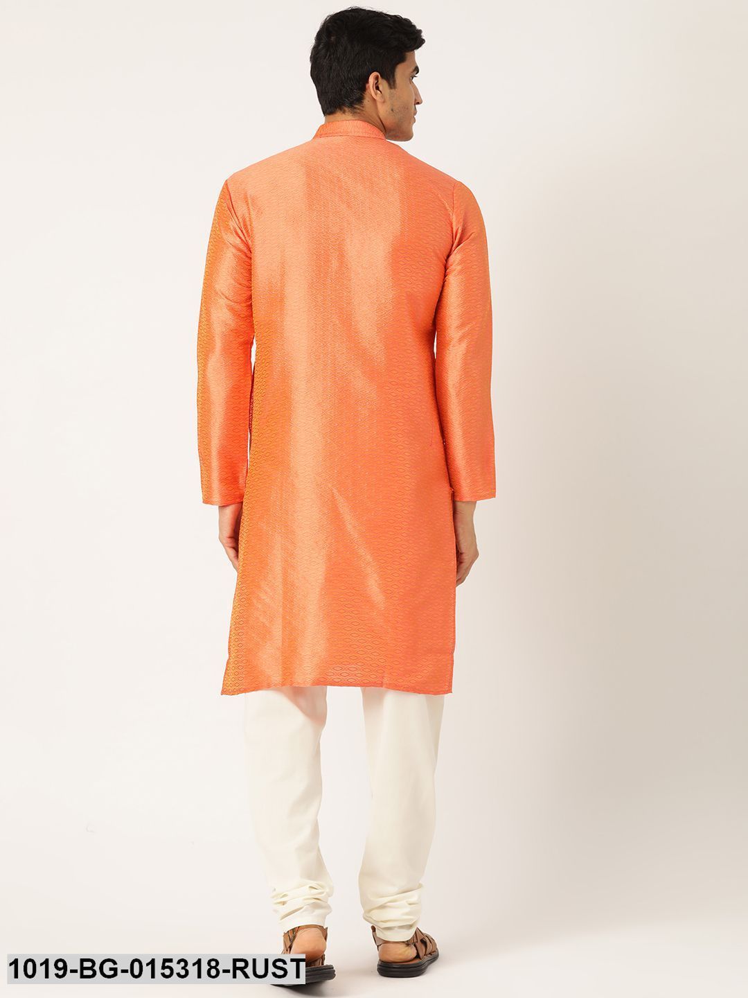 Men's Silk Blend Light Rust Solid Kurta & Off-white Churidar Pyjama Set - Sojanya