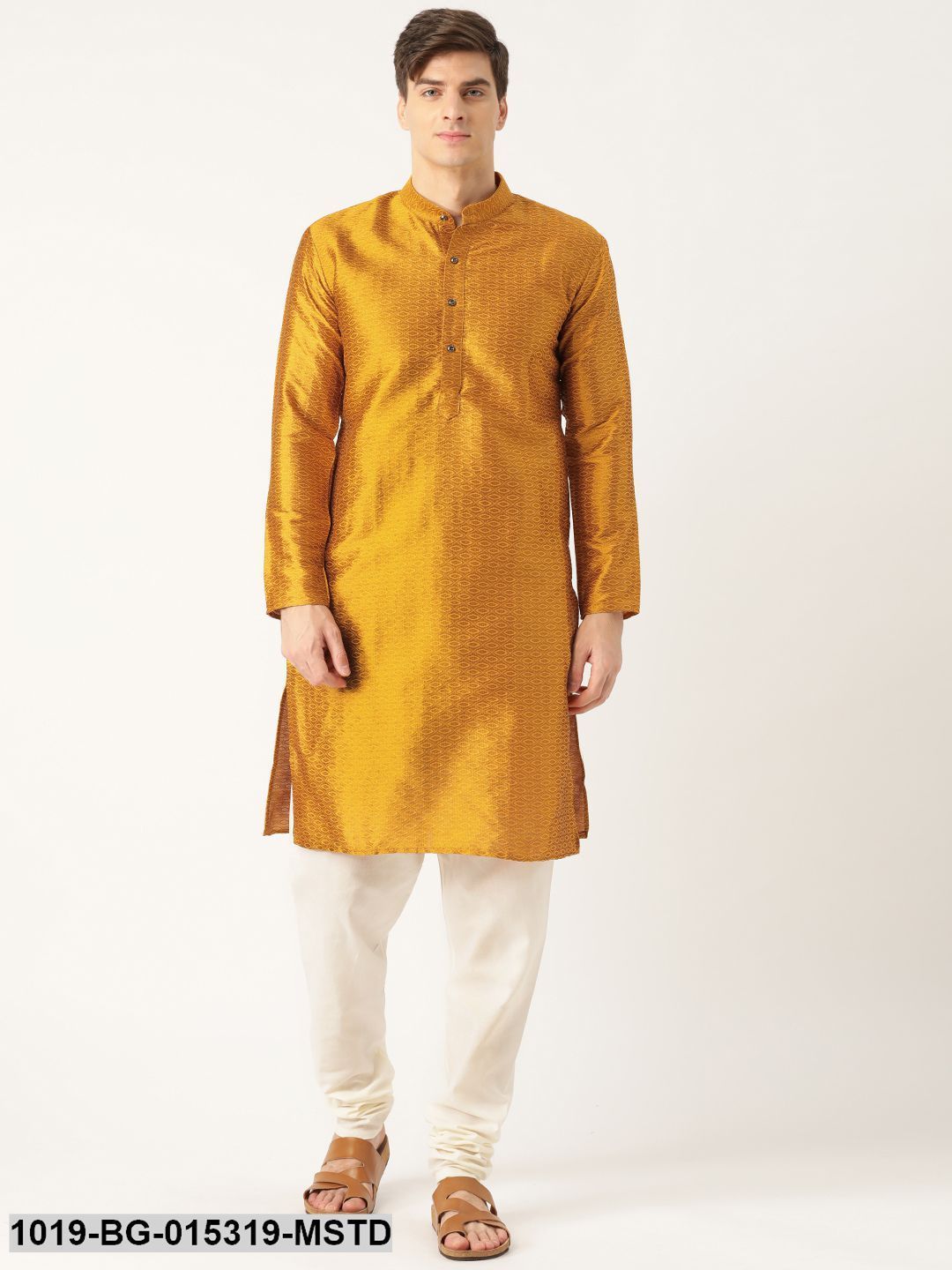 Men's Silk Blend Mustard Solid Kurta & Off-white Churidar Pyjama Set