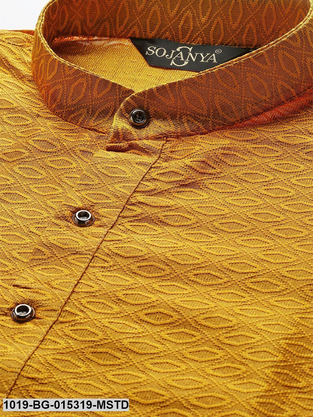 Men's Silk Blend Mustard Solid Kurta & Off-white Churidar Pyjama Set