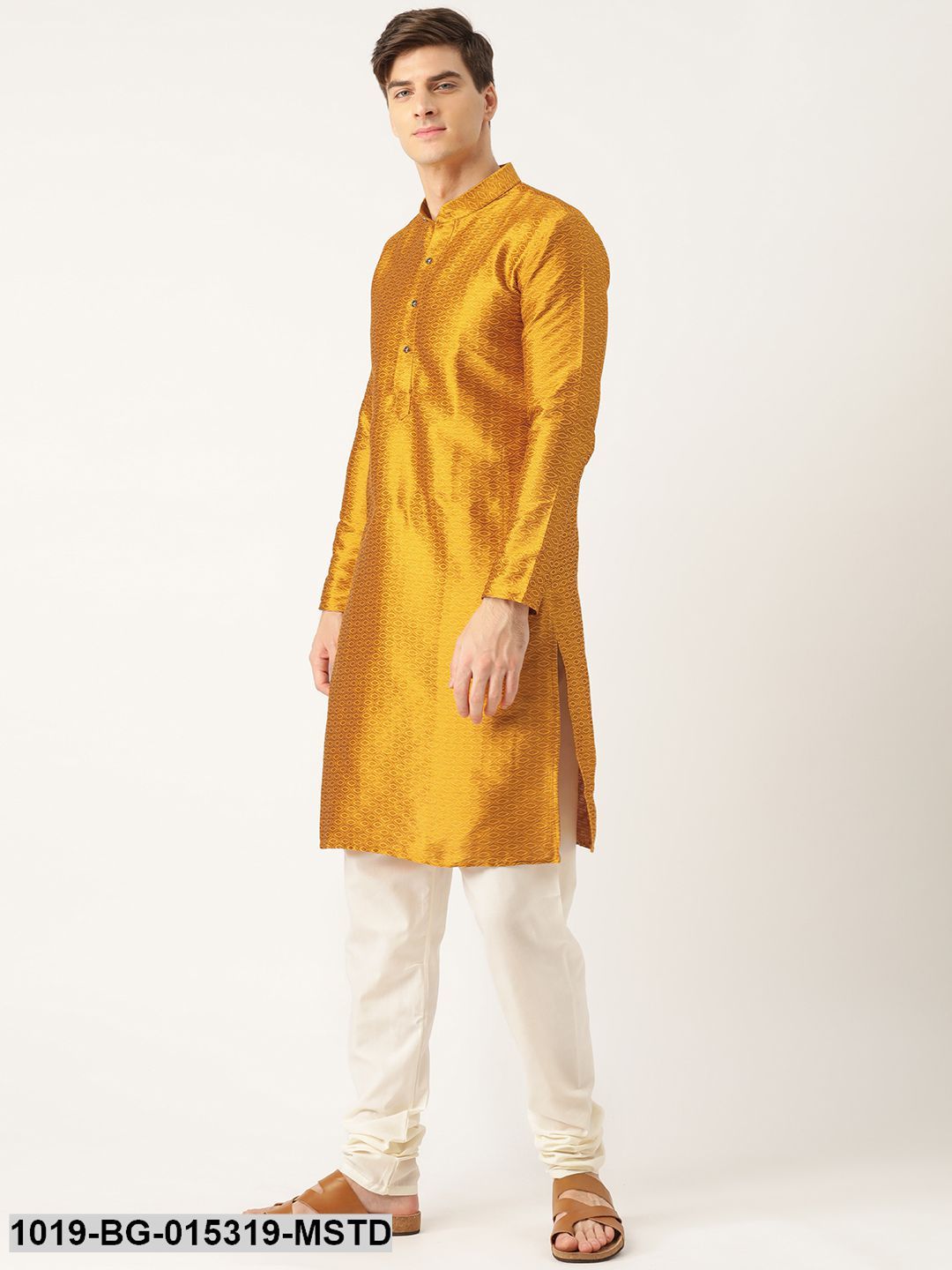 Men's Silk Blend Mustard Solid Kurta & Off-white Churidar Pyjama Set