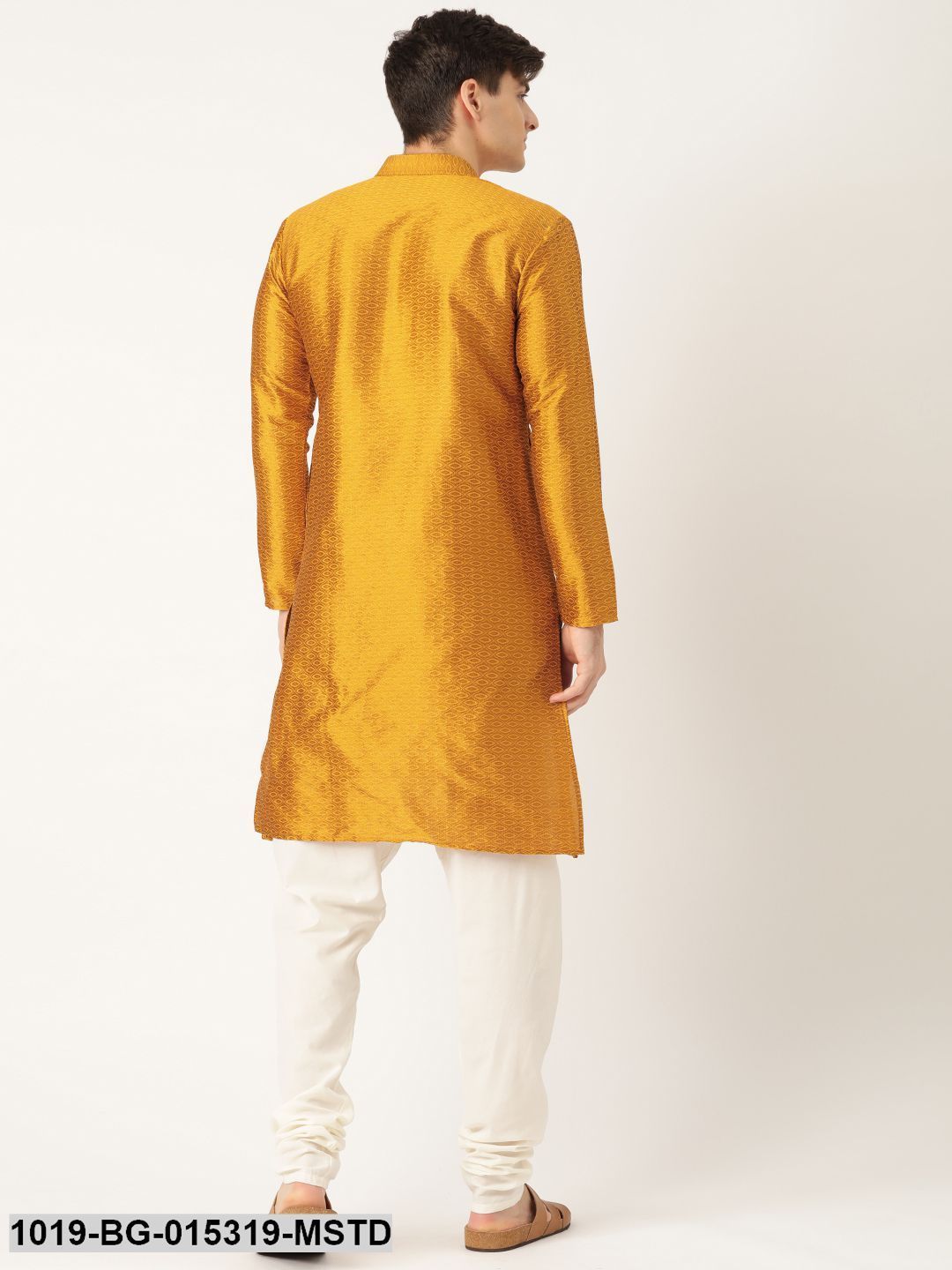 Men's Silk Blend Mustard Solid Kurta & Off-white Churidar Pyjama Set