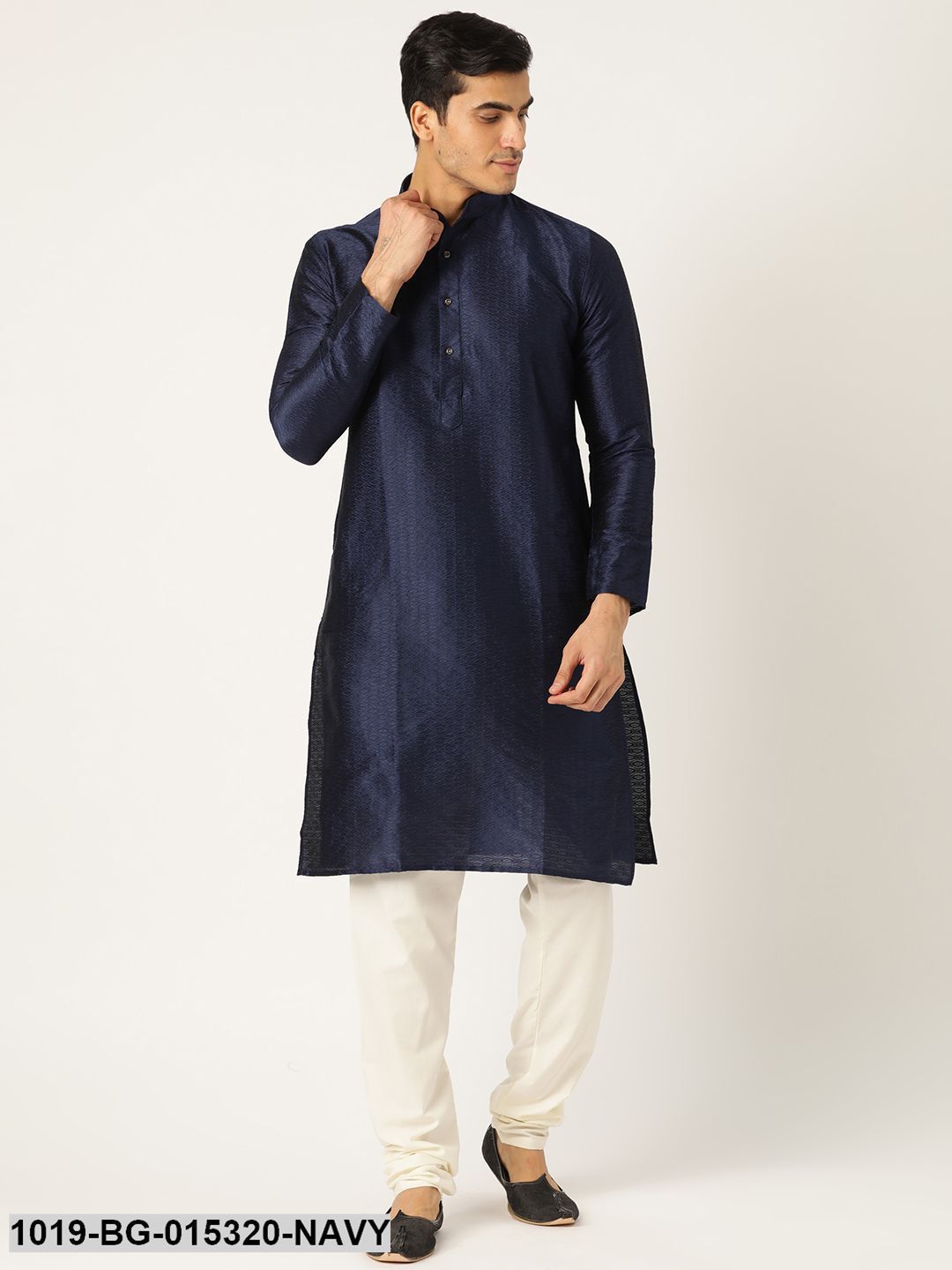 Men's Silk Blend Navy Solid Kurta & Off-white Churidar Pyjama Set