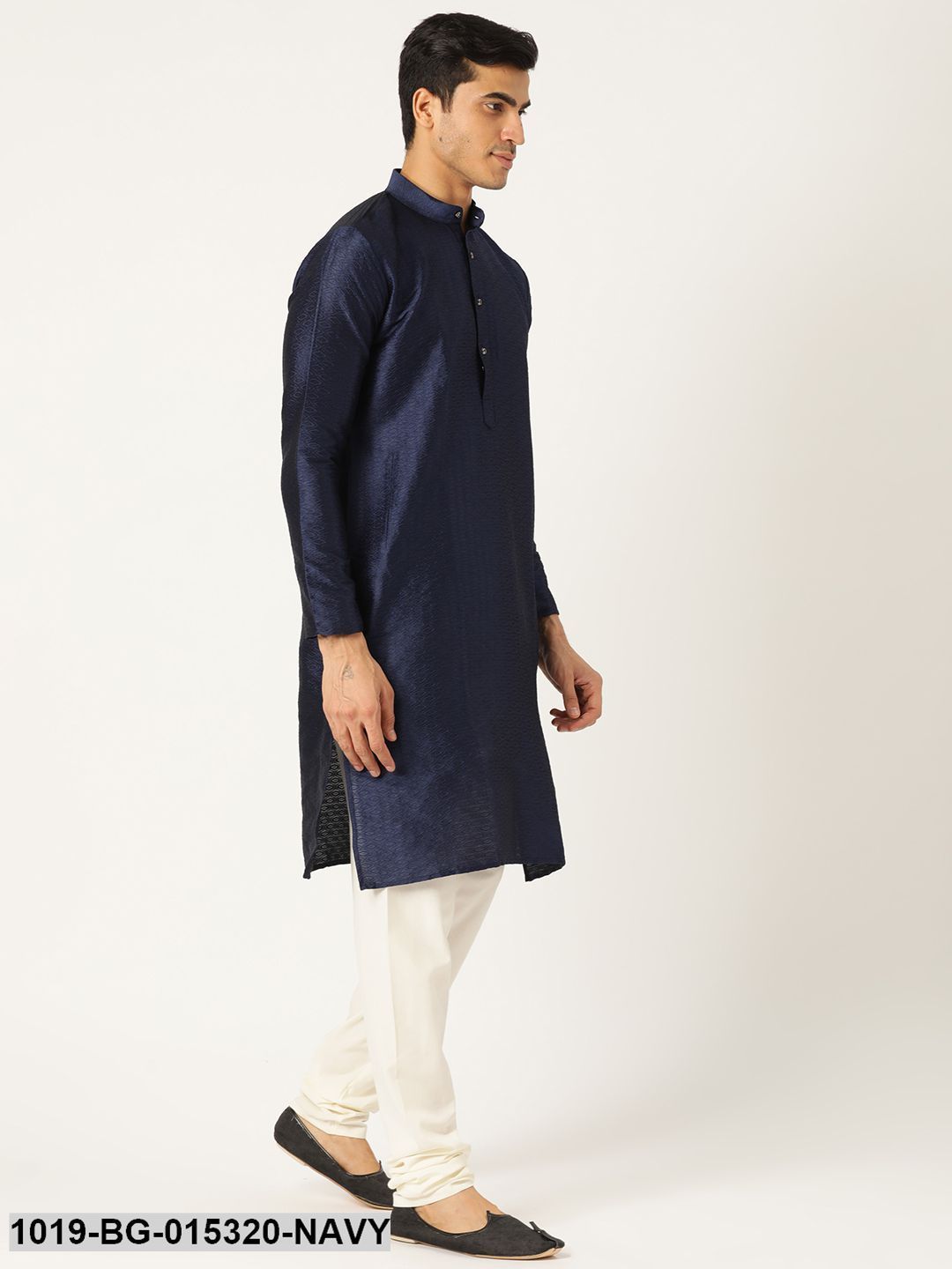 Men's Silk Blend Navy Solid Kurta & Off-white Churidar Pyjama Set