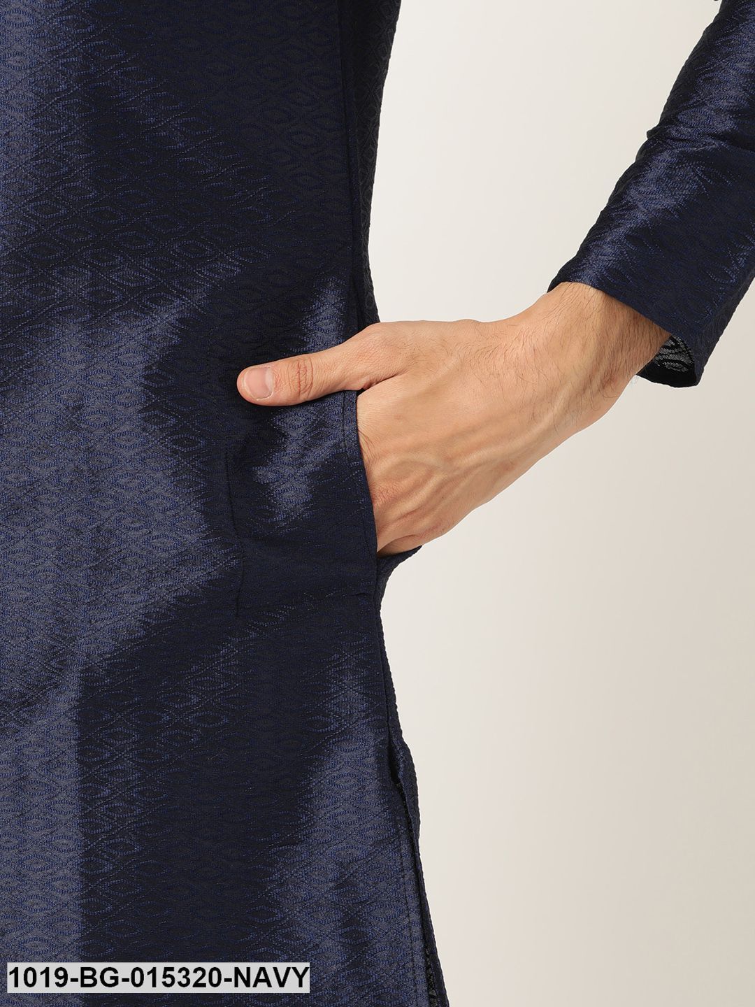 Men's Silk Blend Navy Solid Kurta & Off-white Churidar Pyjama Set