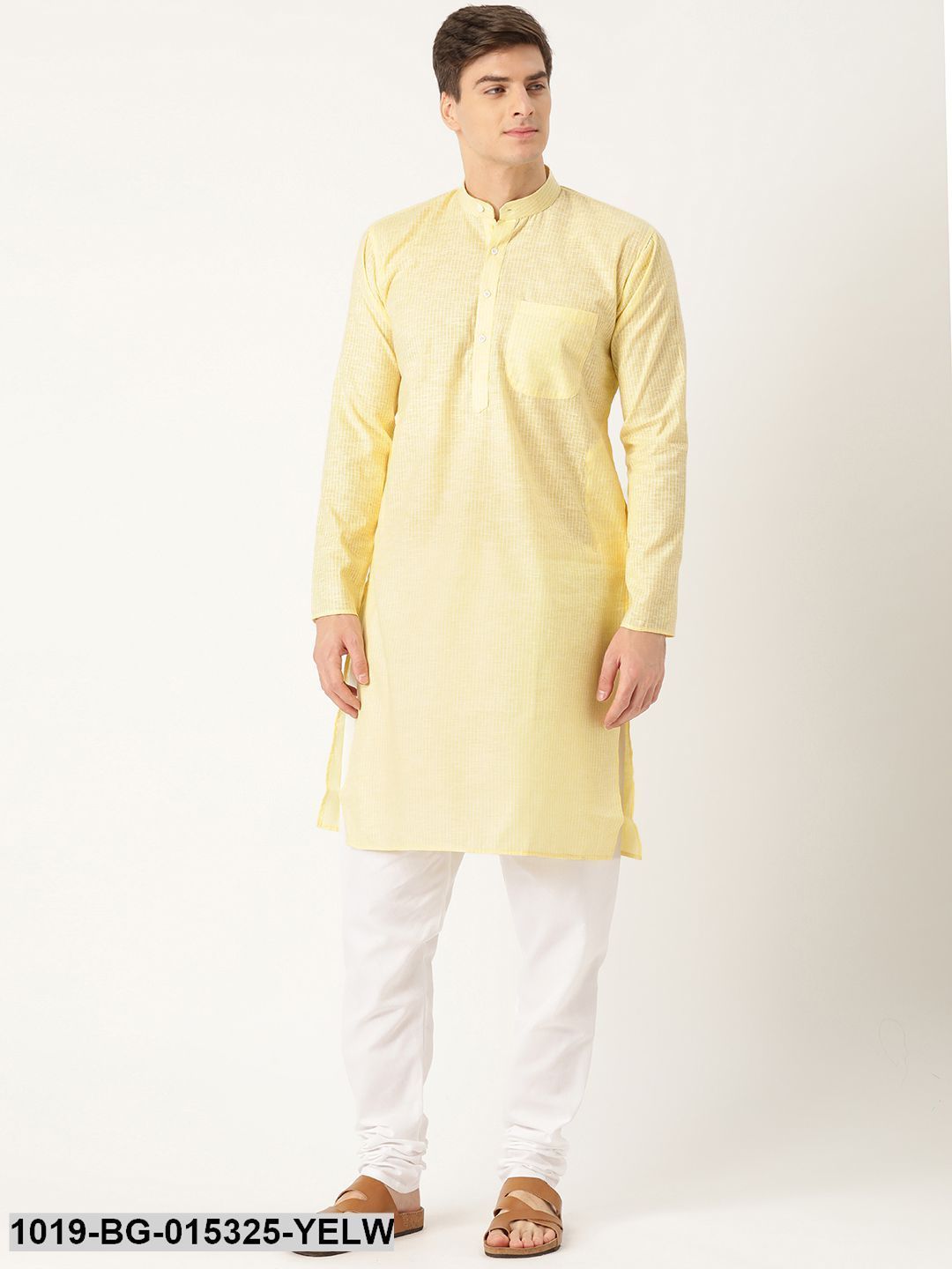Men's Cotton Lemon Striped Kurta & White Churidar Pyjama Set