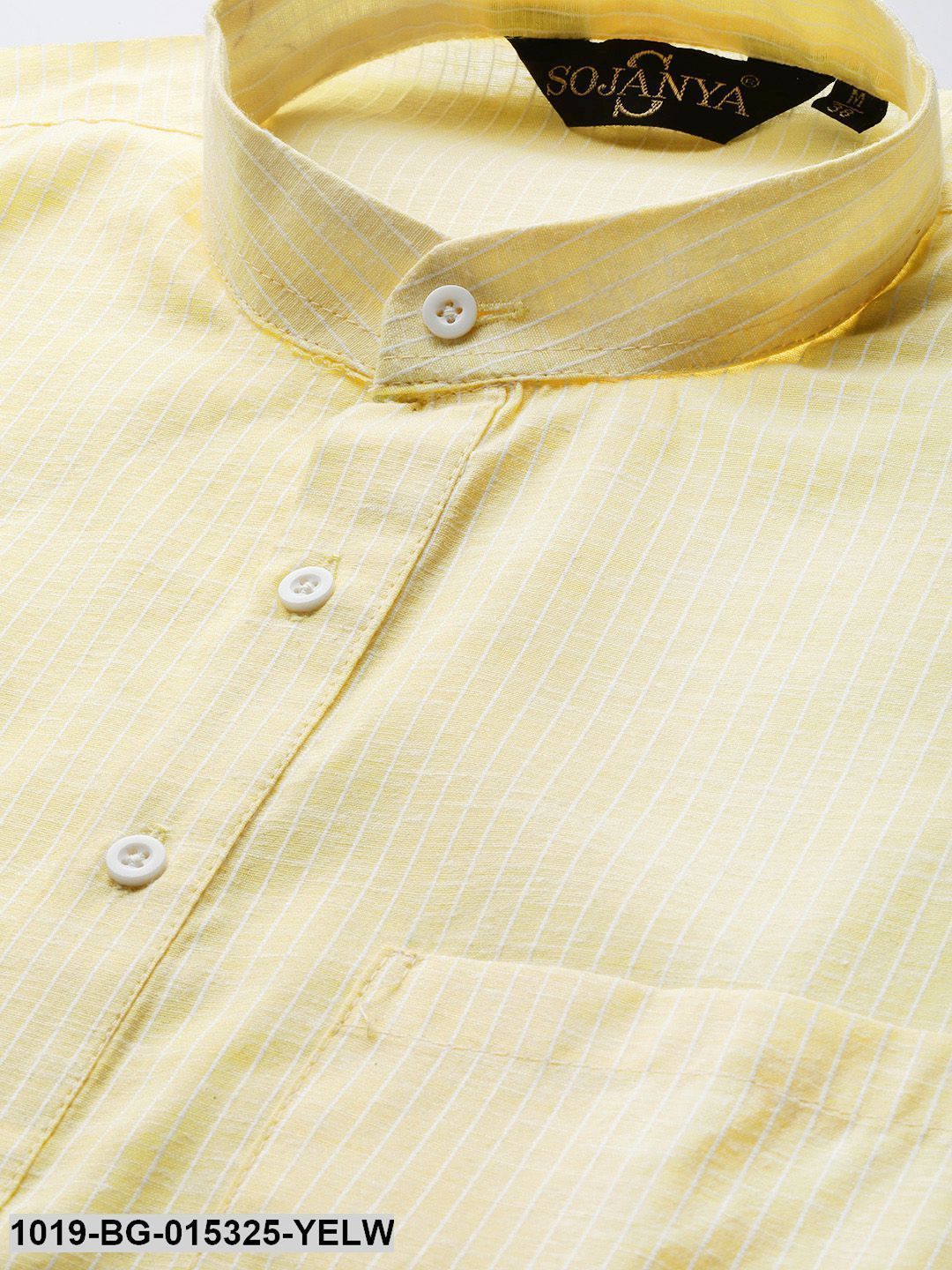 Men's Cotton Lemon Striped Kurta & White Churidar Pyjama Set