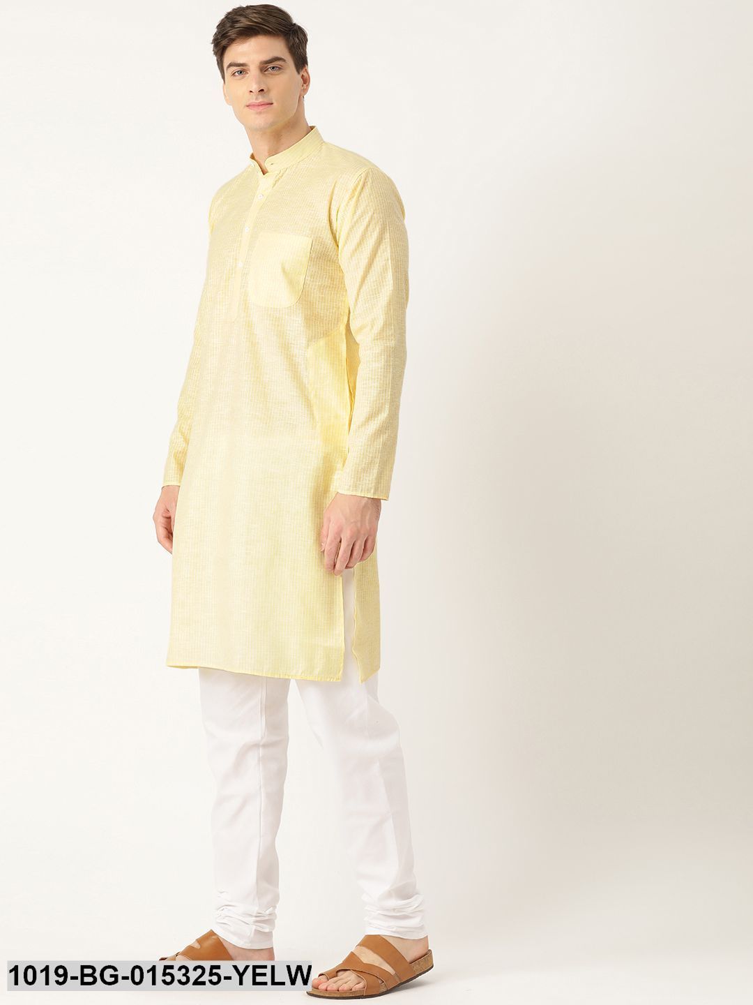 Men's Cotton Lemon Striped Kurta & White Churidar Pyjama Set